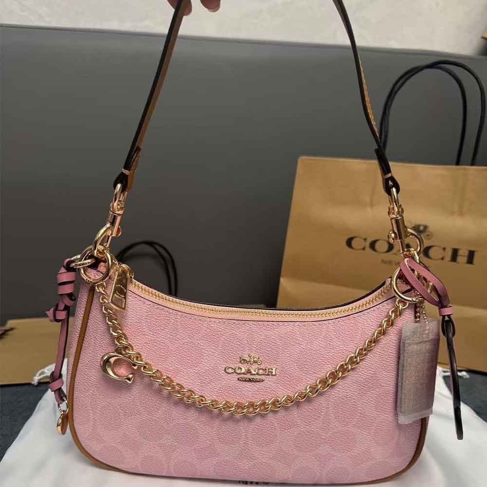 COACH CEA20 Teri Shoulder Bag Signature Canvas Pink Gold Crossbody Women NWT
