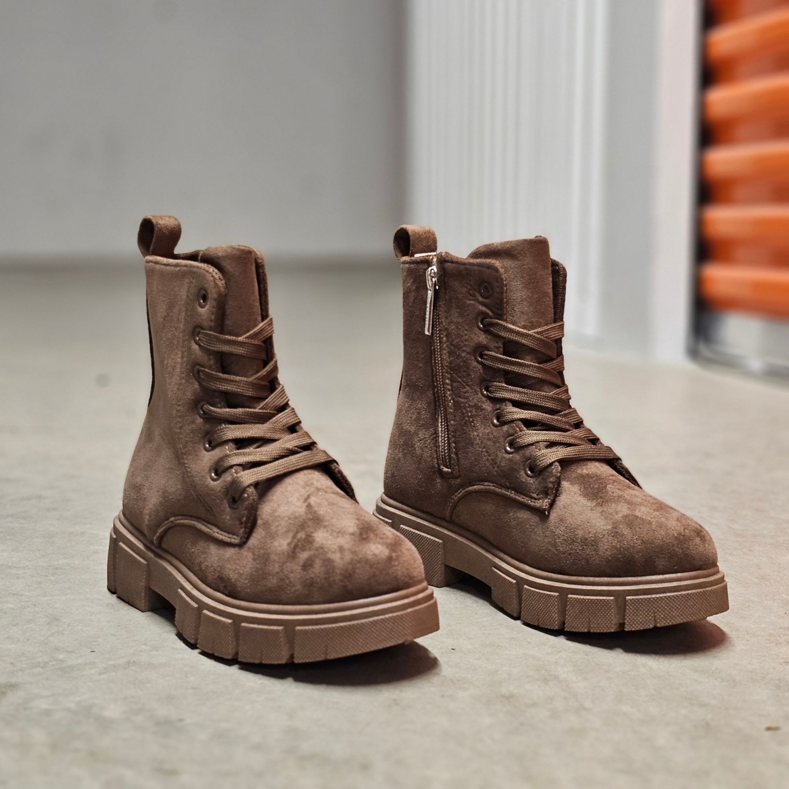 Nude Faux Suede Lace-Up Combat Boots With Side Zipper And Chunky Sole