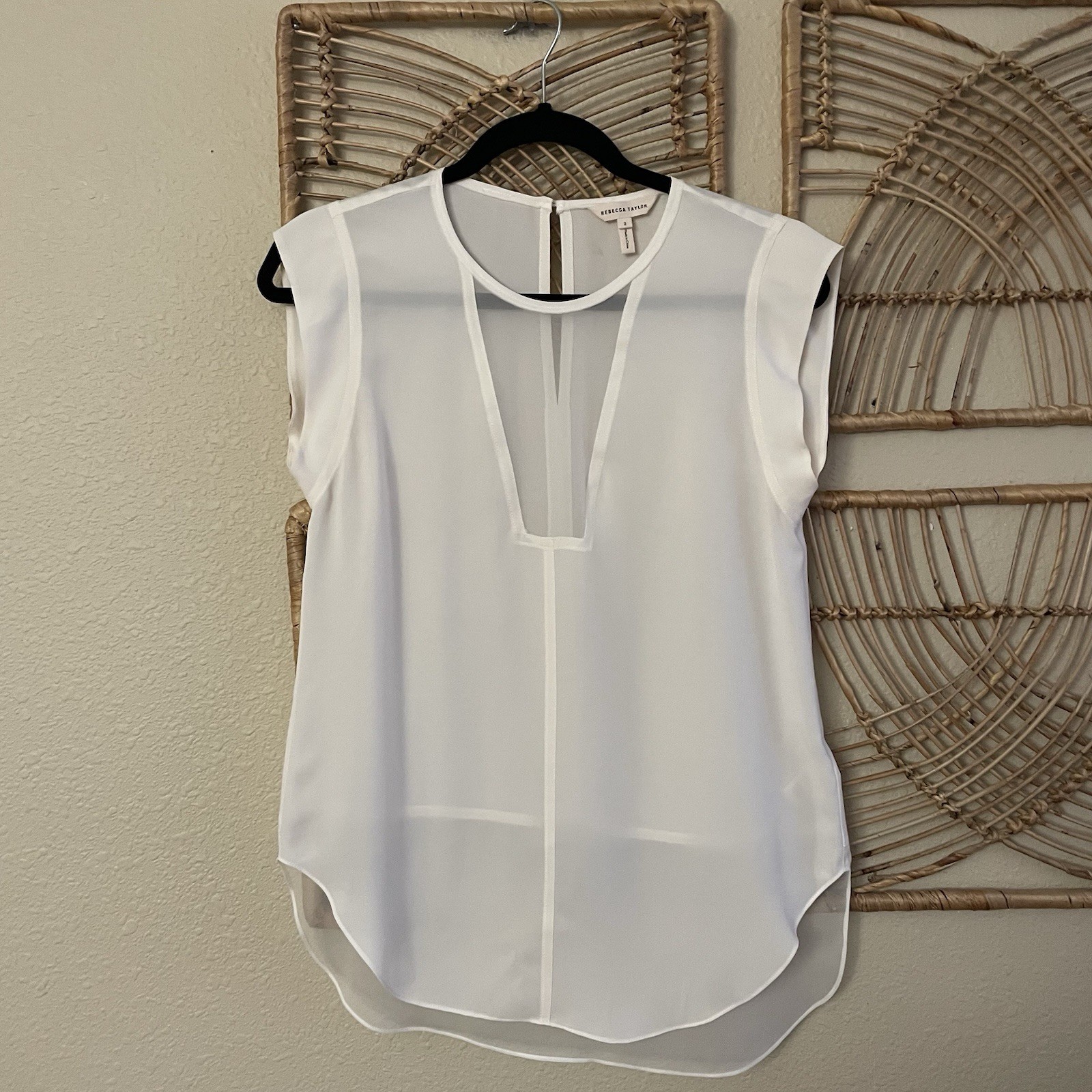 Rebecca Taylor Charlie Sheer Panel 100% Silk Top Blouse Ivory Sz 2 NWOT B23