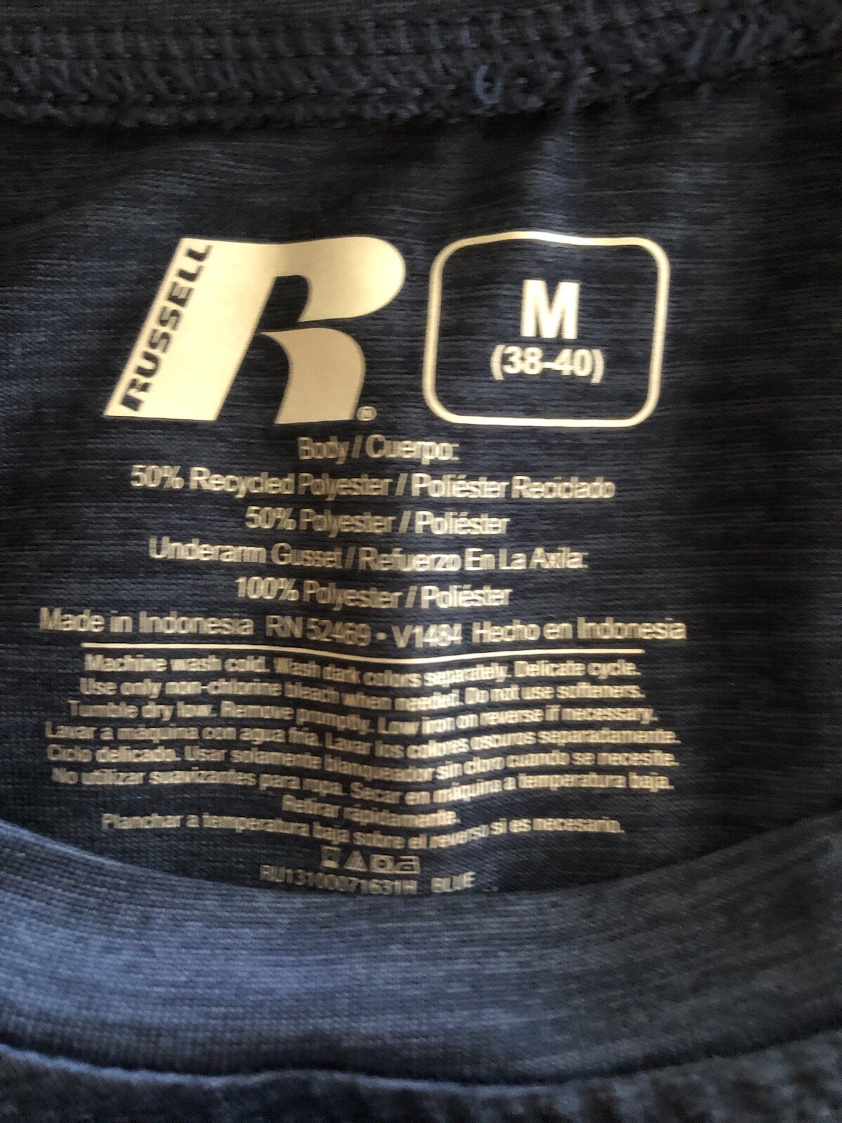 RUSSELL Mens Dri Power 360 T-Shirt Size Med 38-40 Blue Black Underarm Insert New