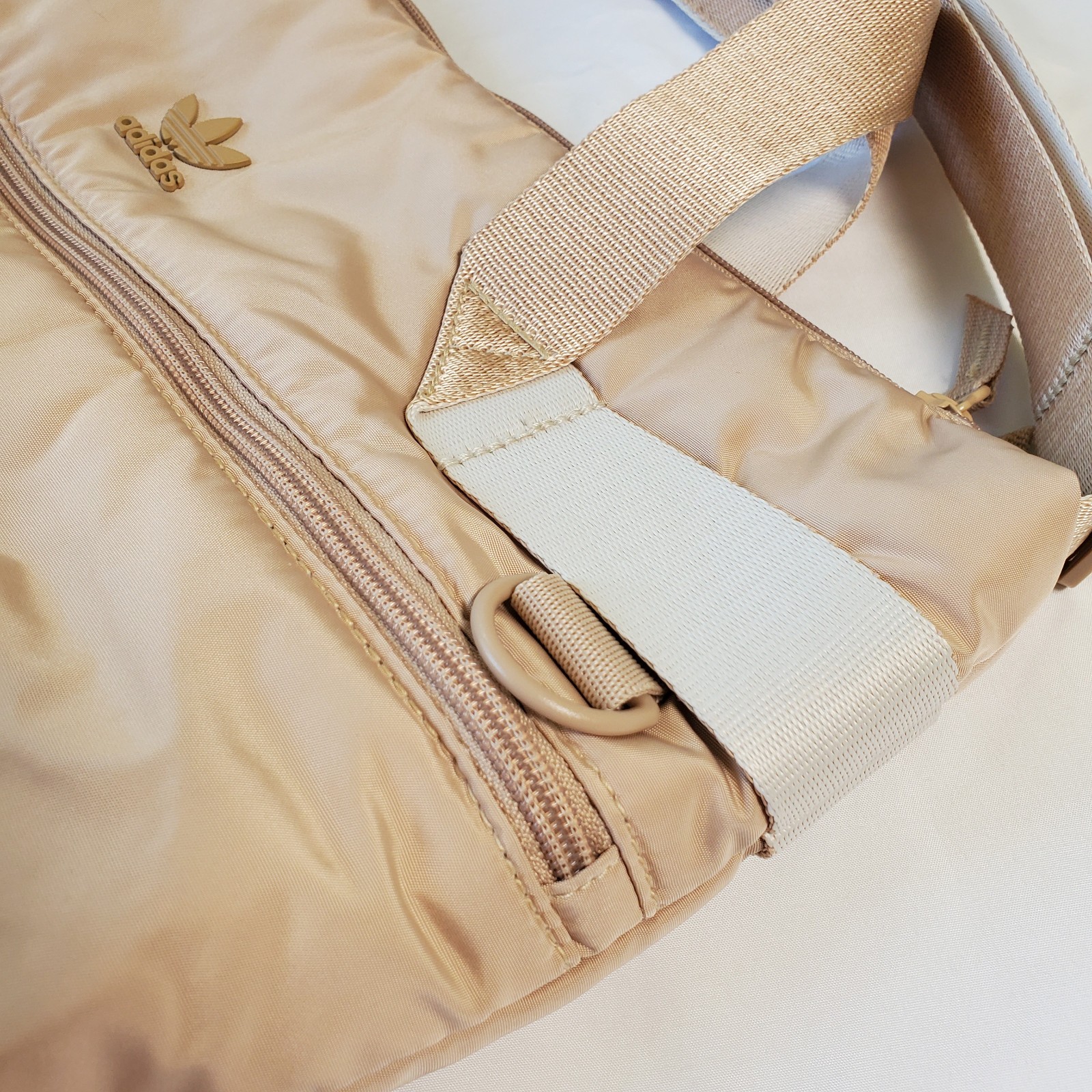 Adidas Stylish Sport Shopper Tote Puffer Travel Gym Bag Tan Beige Zip Top Purse
