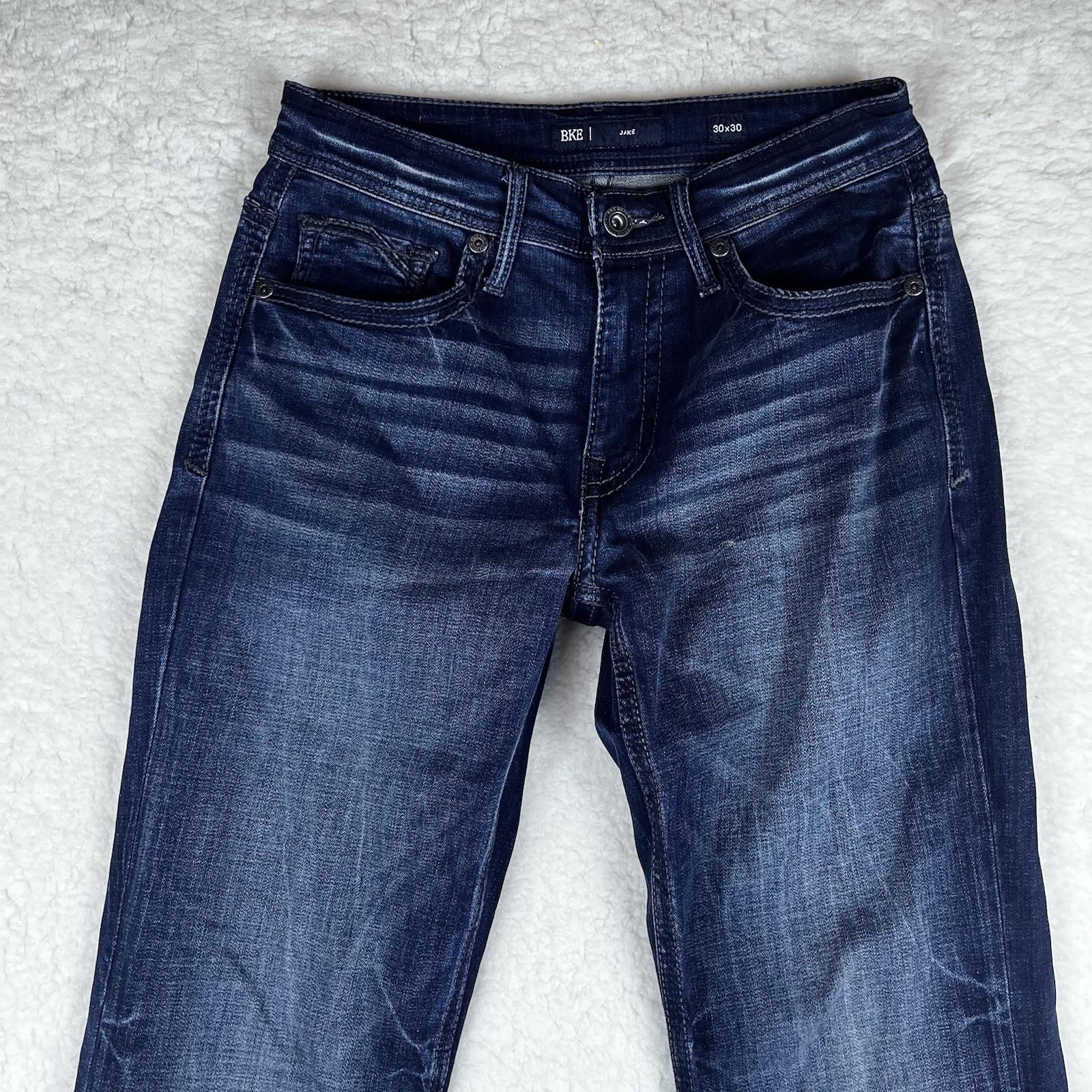BKE Buckle Mens 30×30 Blue Jake Denim Jeans Pants Faded Stretch Whisker Marble