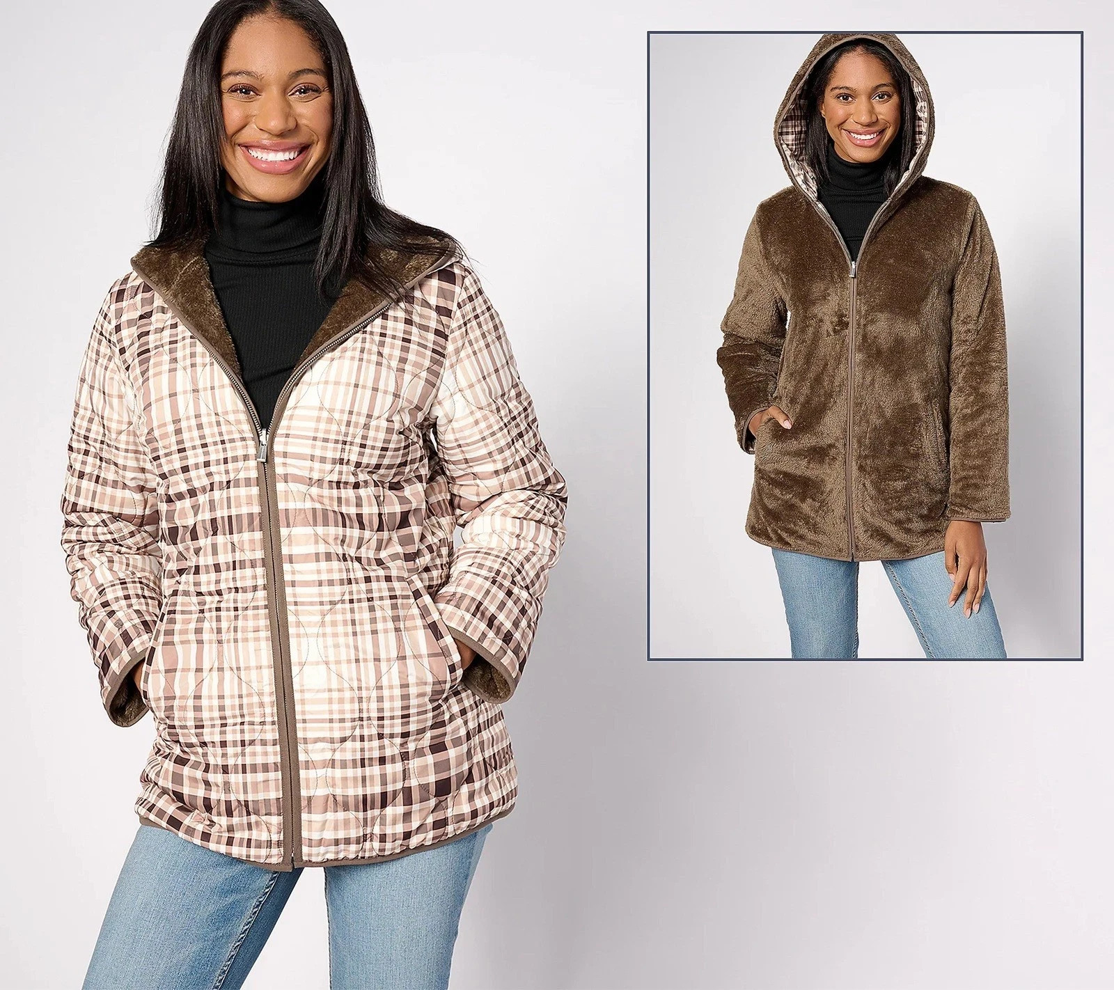 Susan Graver Reversible Quilted Woven & Plush Fleece Jacket A620230 TAUPE