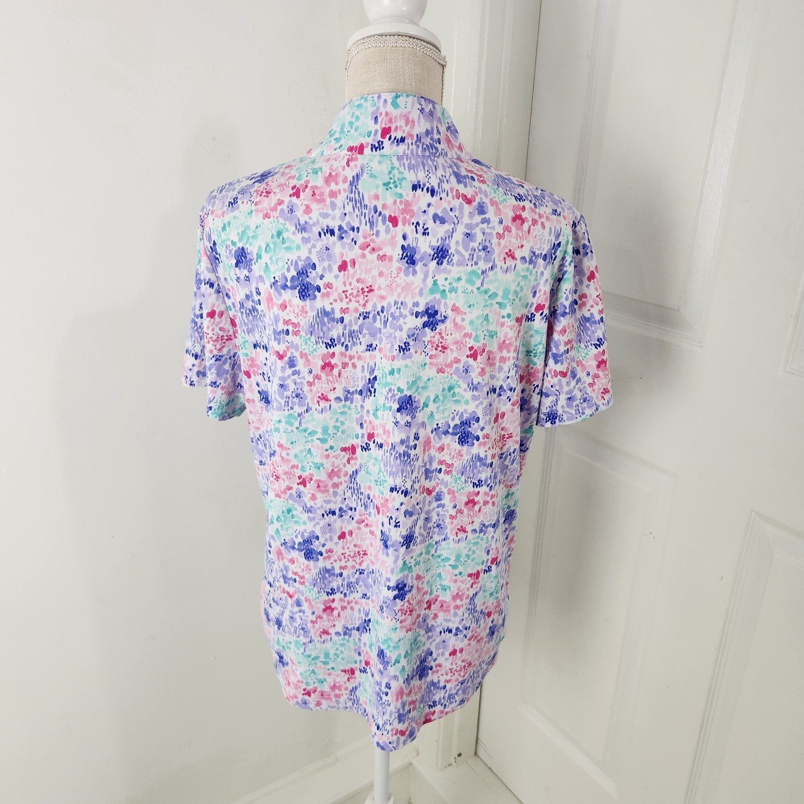 Ibkul Top Womens XL Blue Watercolor Floral 1/4 Zip Golf Tennis Sporty Vacation