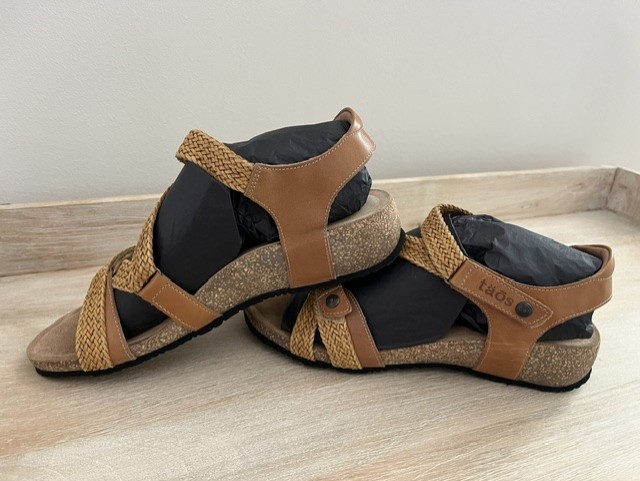 Taos Womens Trulie Tan Leather Woven Strappy Sandals EU 41 Comfort Cork Footbed