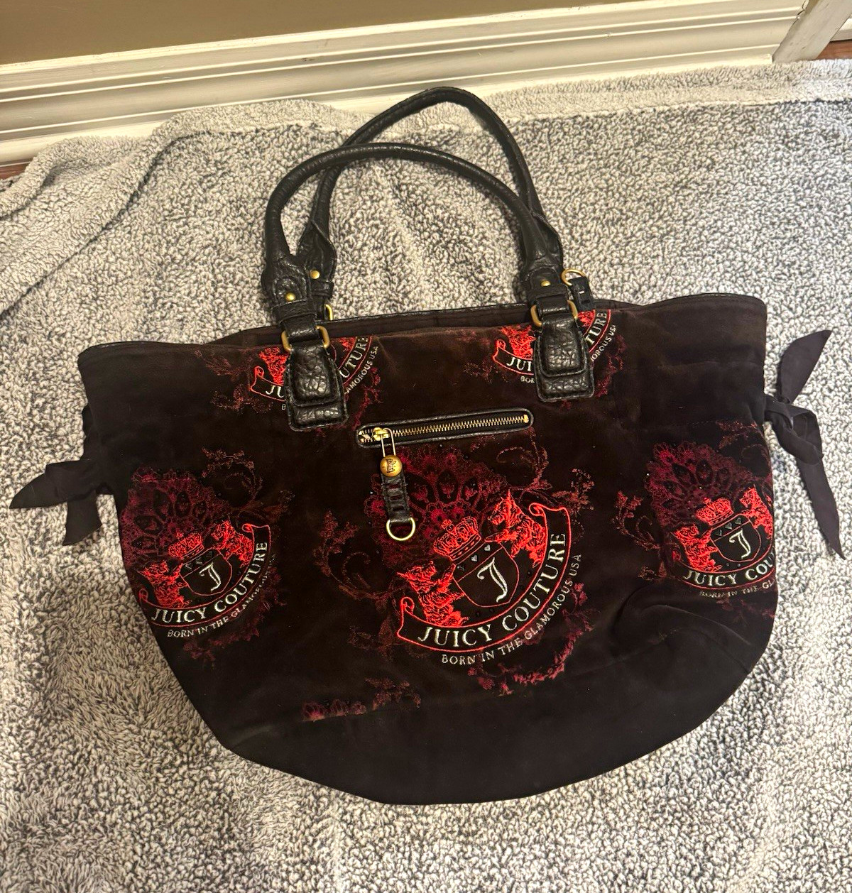 Juicy Couture Logo Satchel Top Handle Brown/Red Gold Hardware Zip Bag Charm
