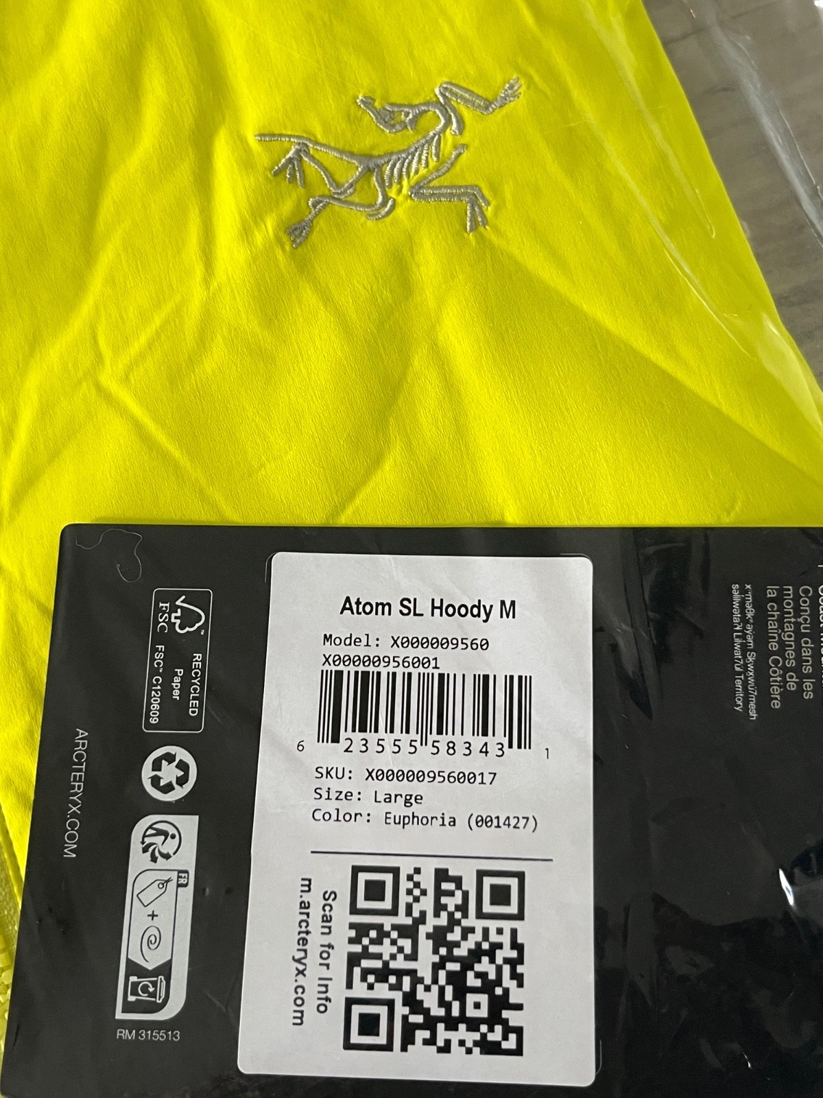 NWT Arc’teryx Euphoria Atom SL Hoody Zip Up Jacket sz L