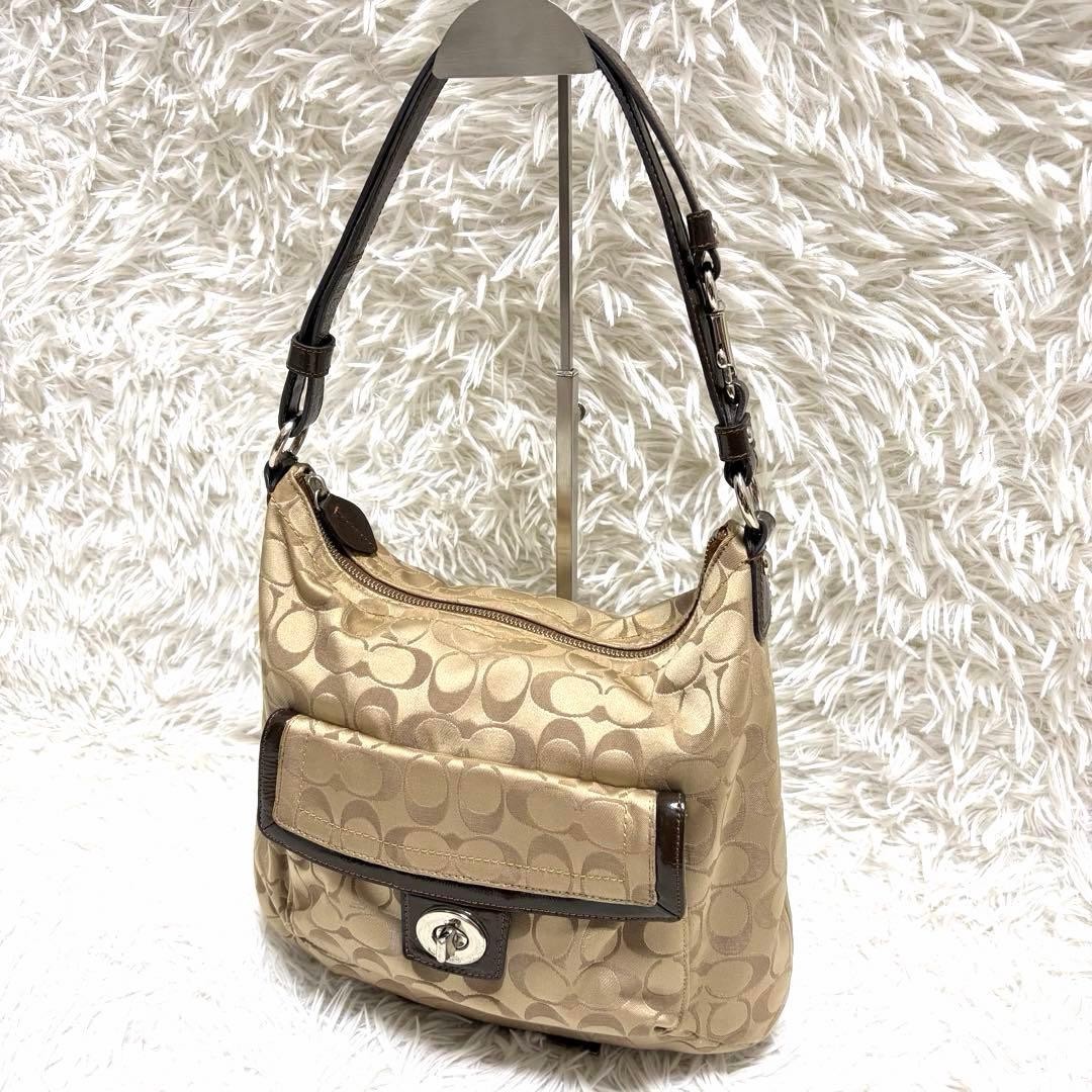 Authentic Coach Signature Hobo Shoulder Bag, Leather, 12.6in, Slightly Dirty