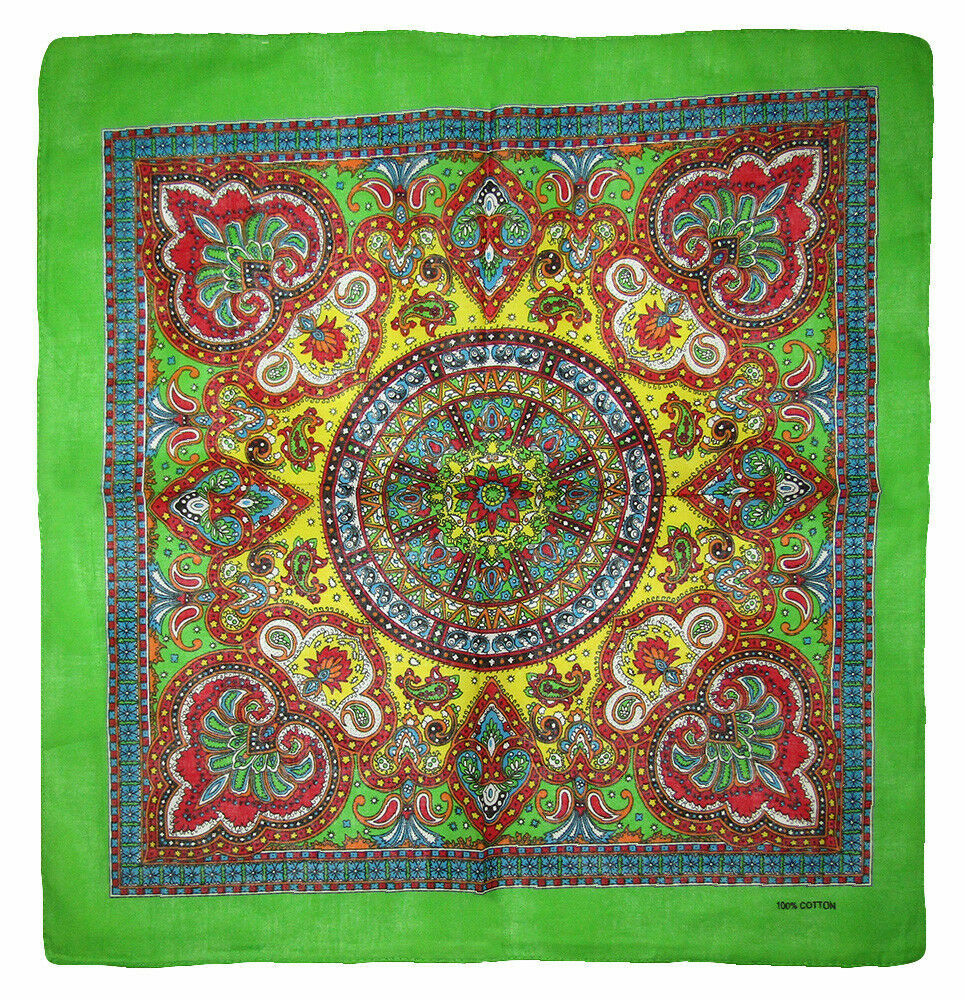 22″x22″ Ornate Paisley Mosaic Multi Color Green 100% Cotton Bandana