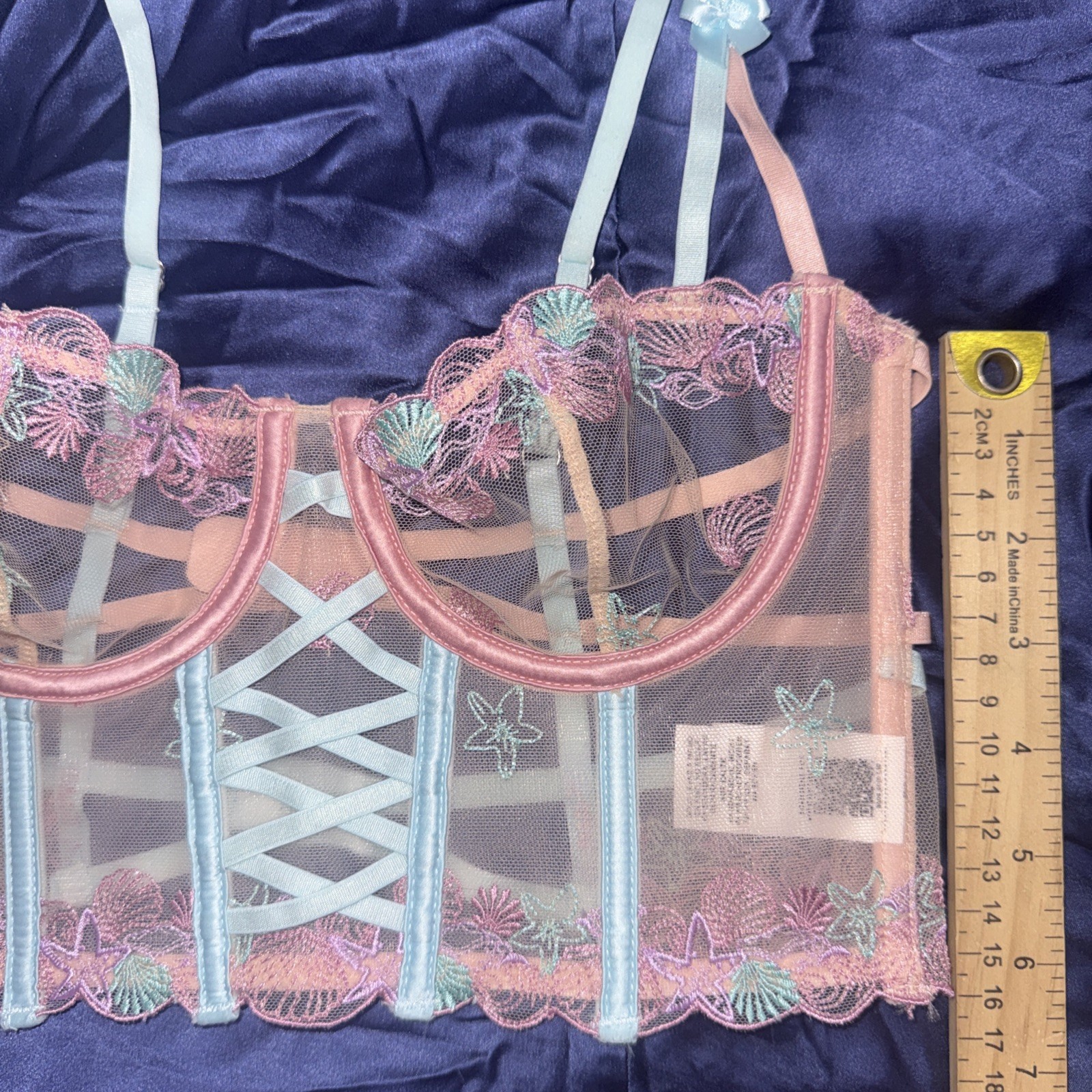 ASOS Design Fairy Beach Corset Mermaid Shells Embroidered Sheer Top Bra Size 32B