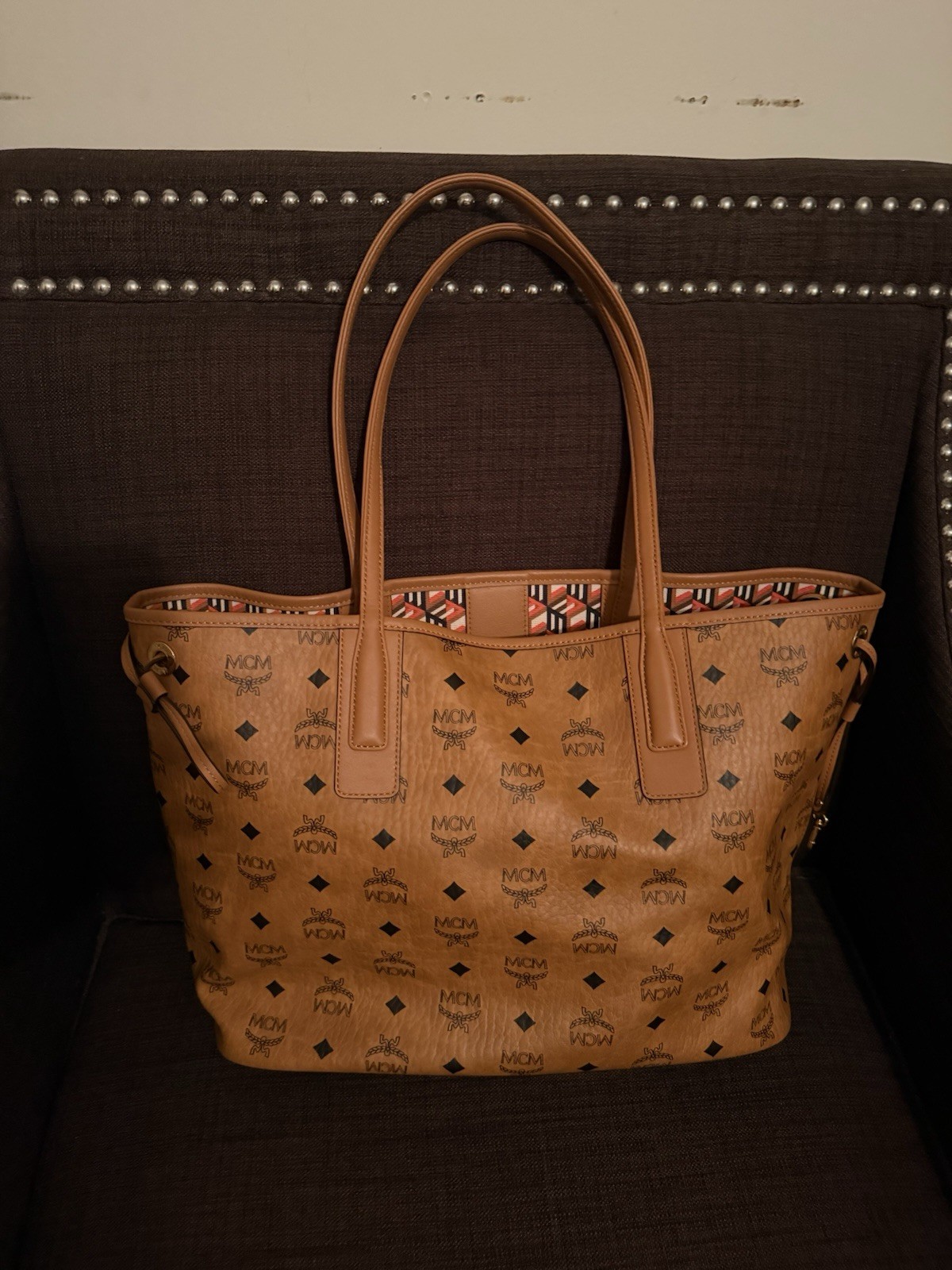MCM Brown Monogram Logo Medium Tote Drawstring Double Handles w/ Pouch