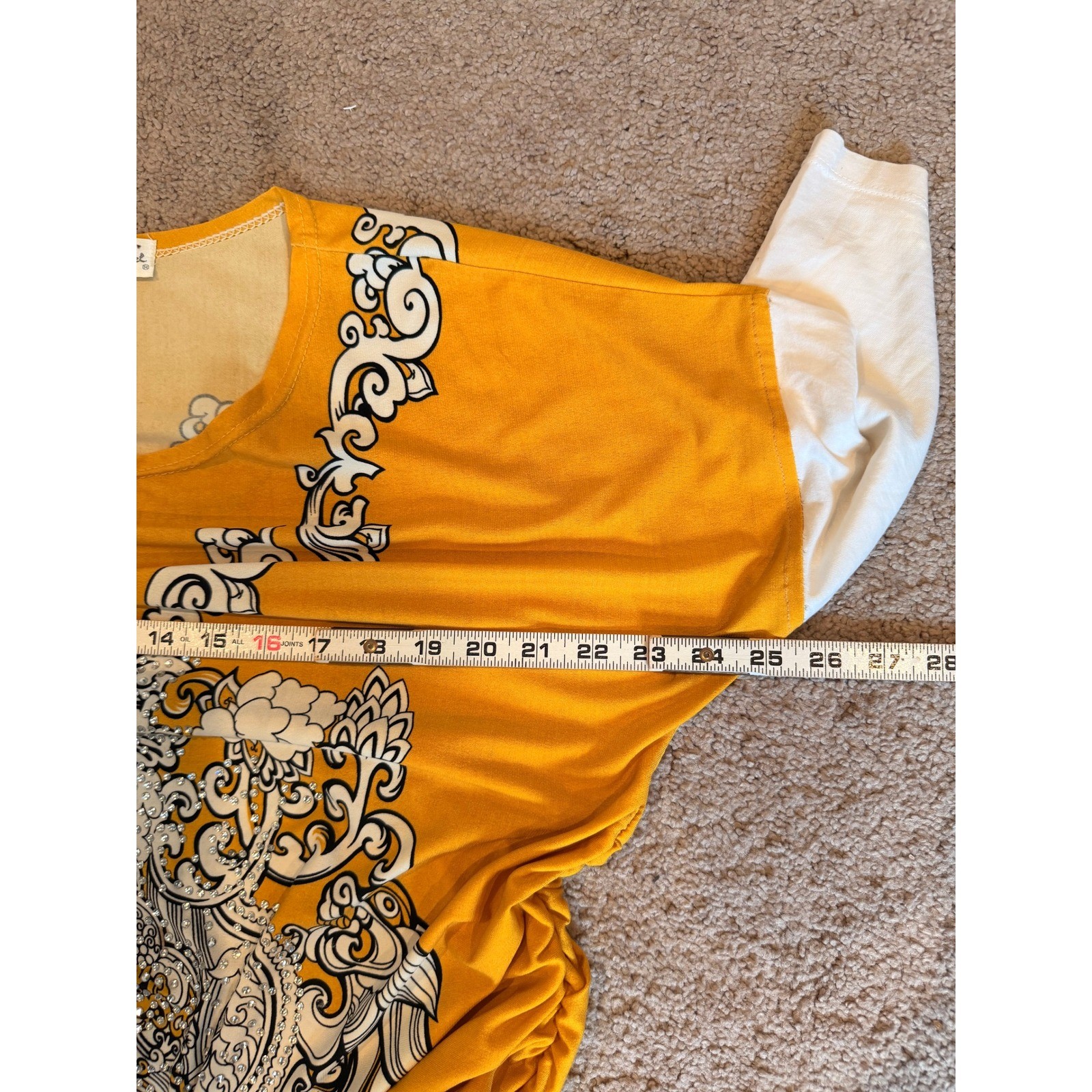 Pretty Angel Mustard Yellow Rhinestone Baroque Graphic Tunic Top Linen Blend OS