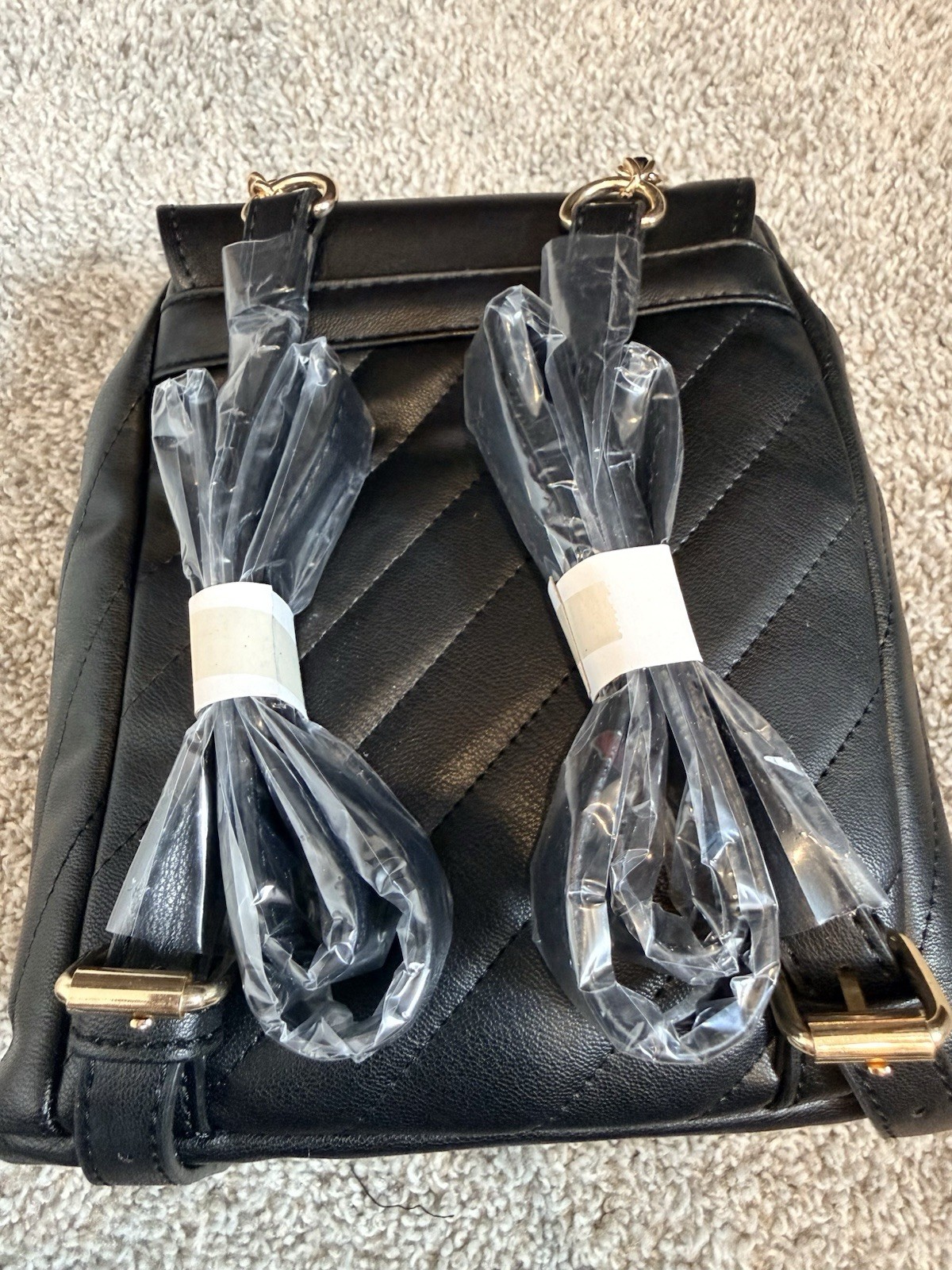 Bebe Black Backpack Drawstring Turn Lock Quilted Gold Hardware Adjustable Strap