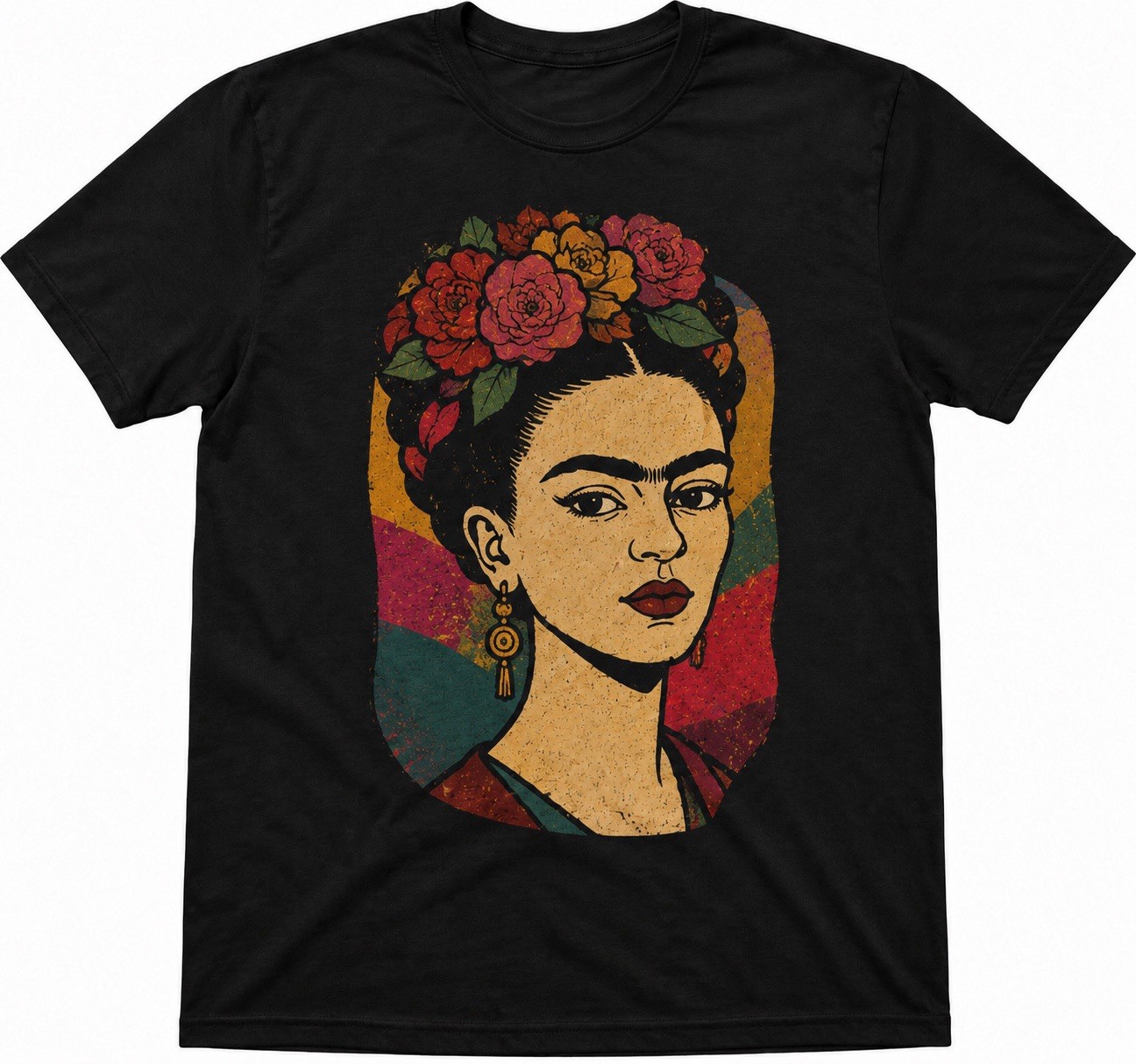 Frida-Inspired Vintage Portrait T-Shirt – Retro Floral Art Graphic on Black Tee