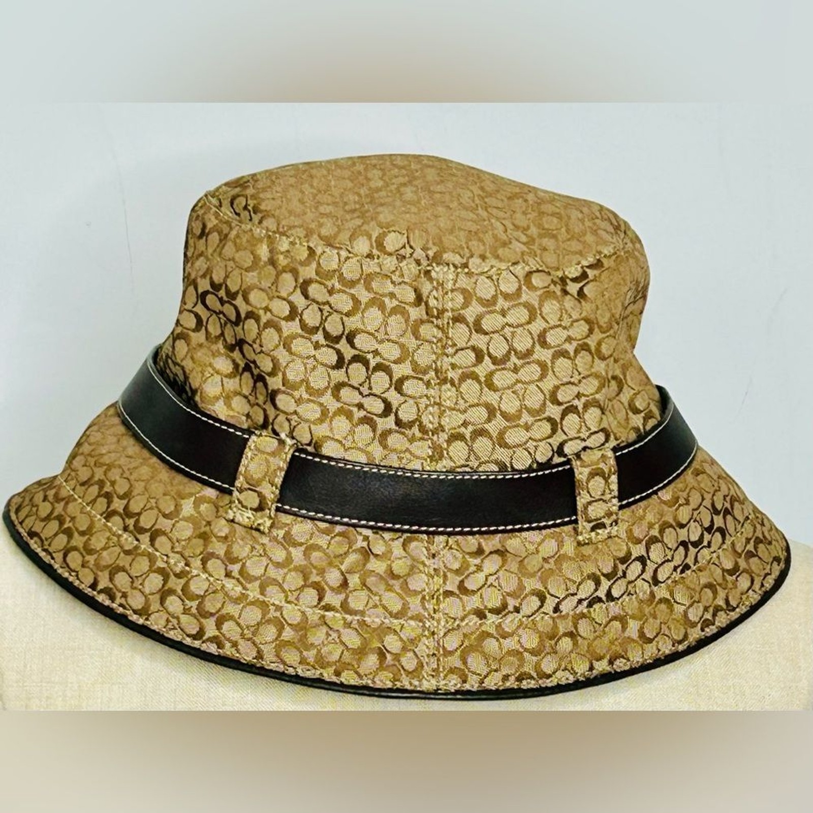 Coach Monogram Bucket Hat Khaki Brown Signature CC Logo with Leather Belt