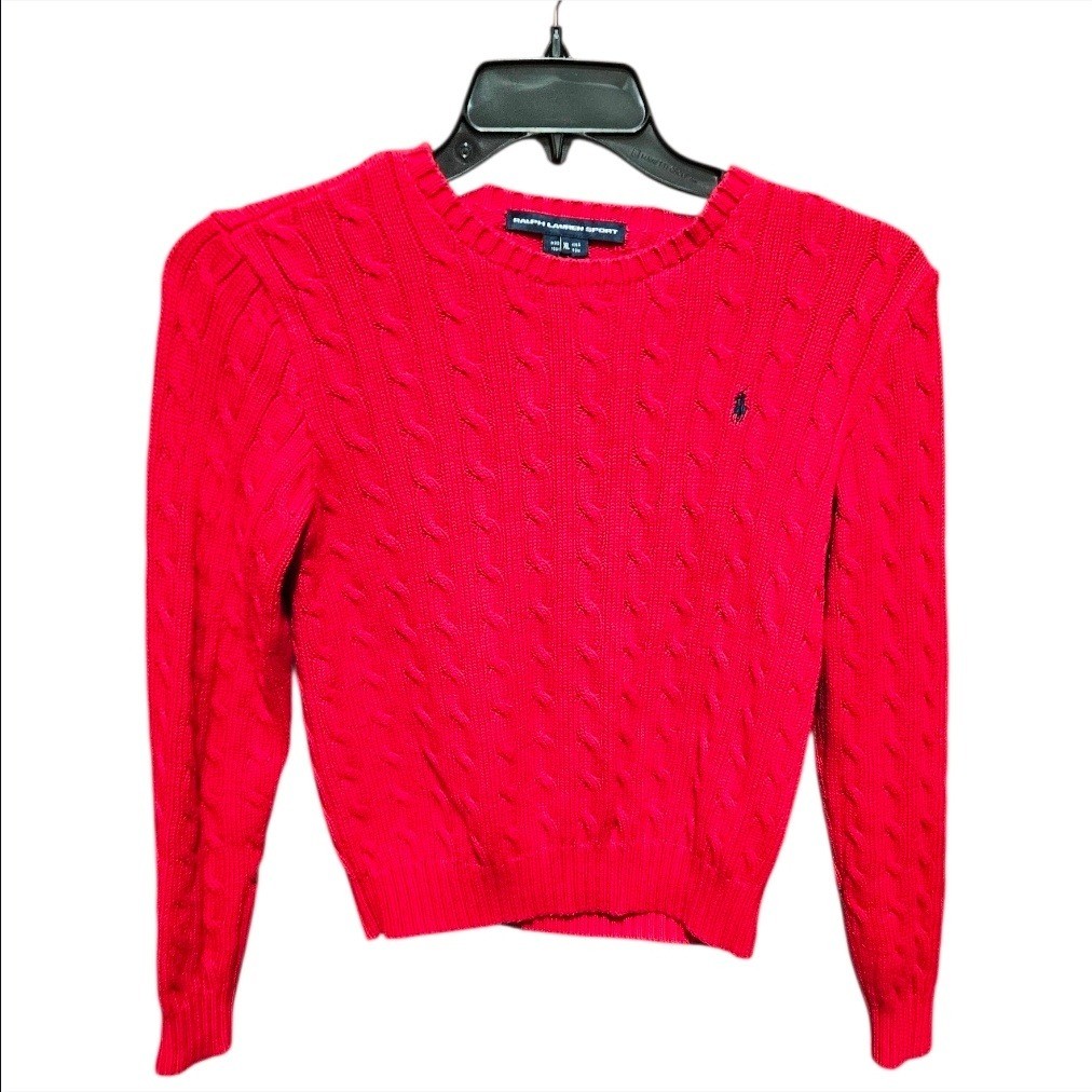 Ralph Lauren Sport Kids Red Cable Knit Sweater XL Embroidered Pony Old Money