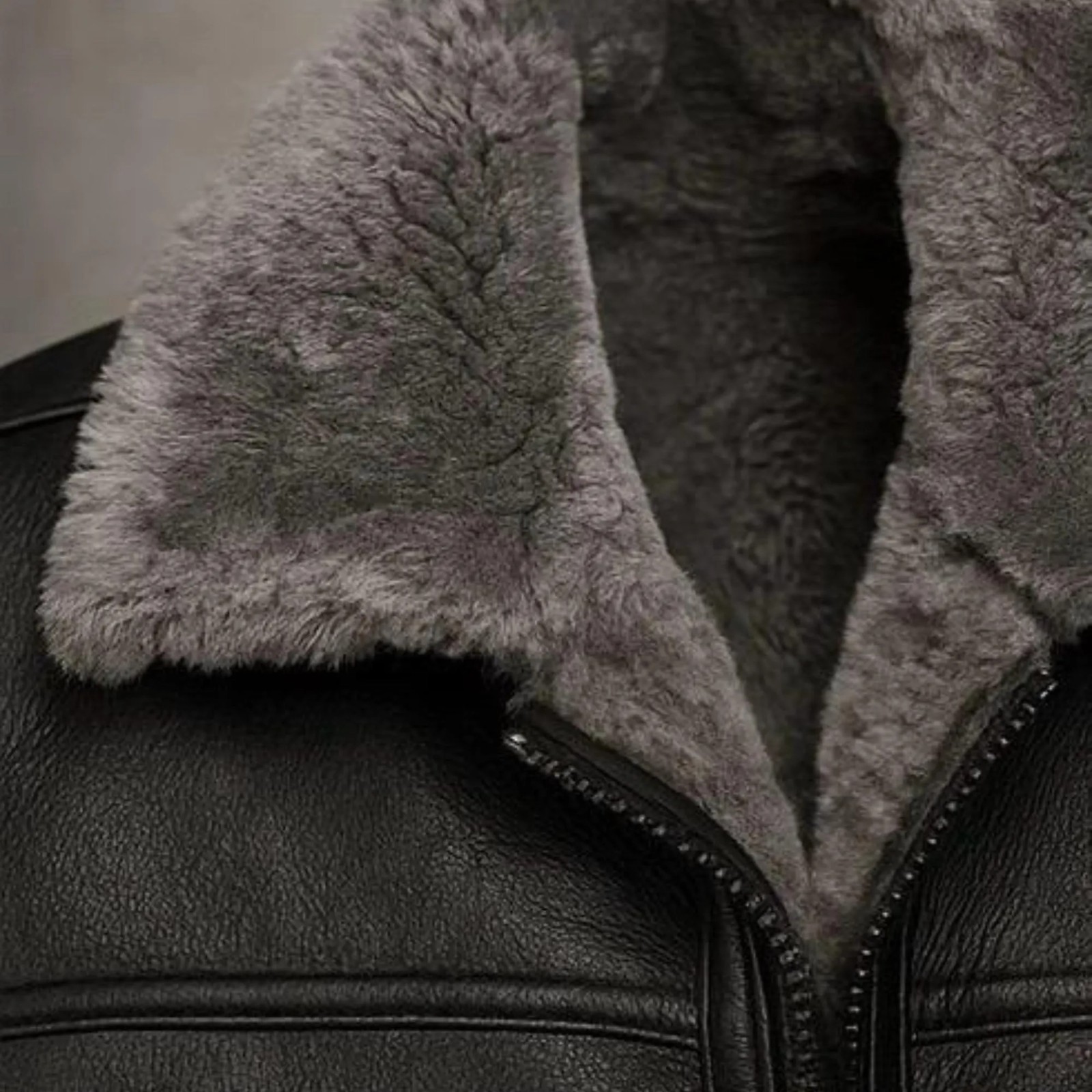 Men’s Black Leather Shearling Jacket Oversized Fur Collar Winter Aviator Coat