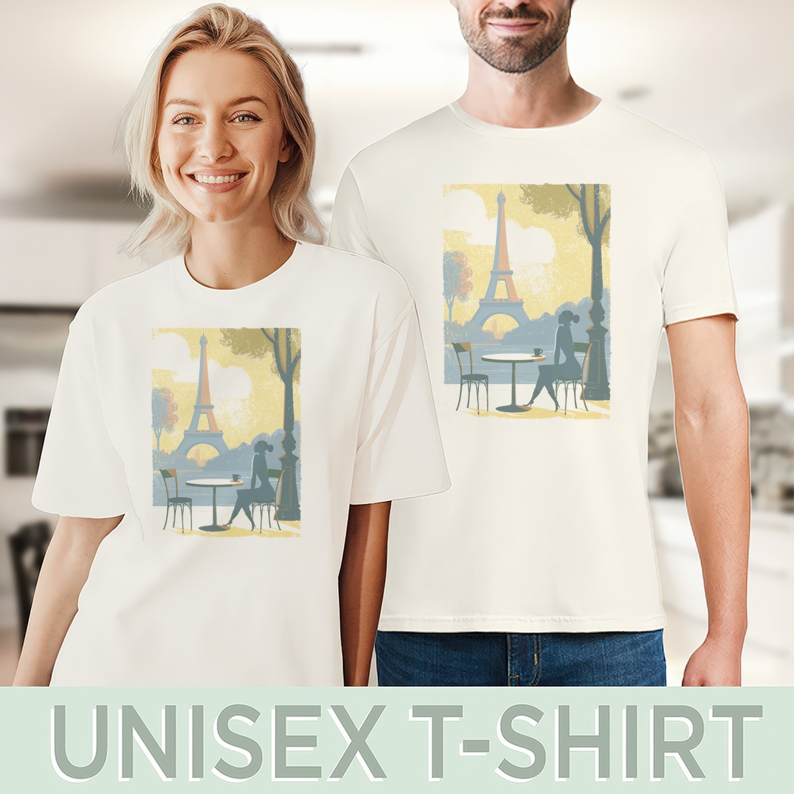 Parisian Café Retro Travel Poster Graphic Tee Natural Cotton