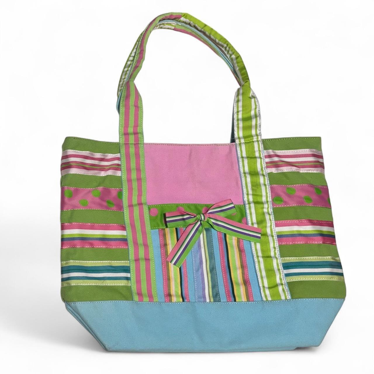Vintage 90s Quacker Factory Fun Pastel Spring Striped Polka Dot Pattern Tote Bag