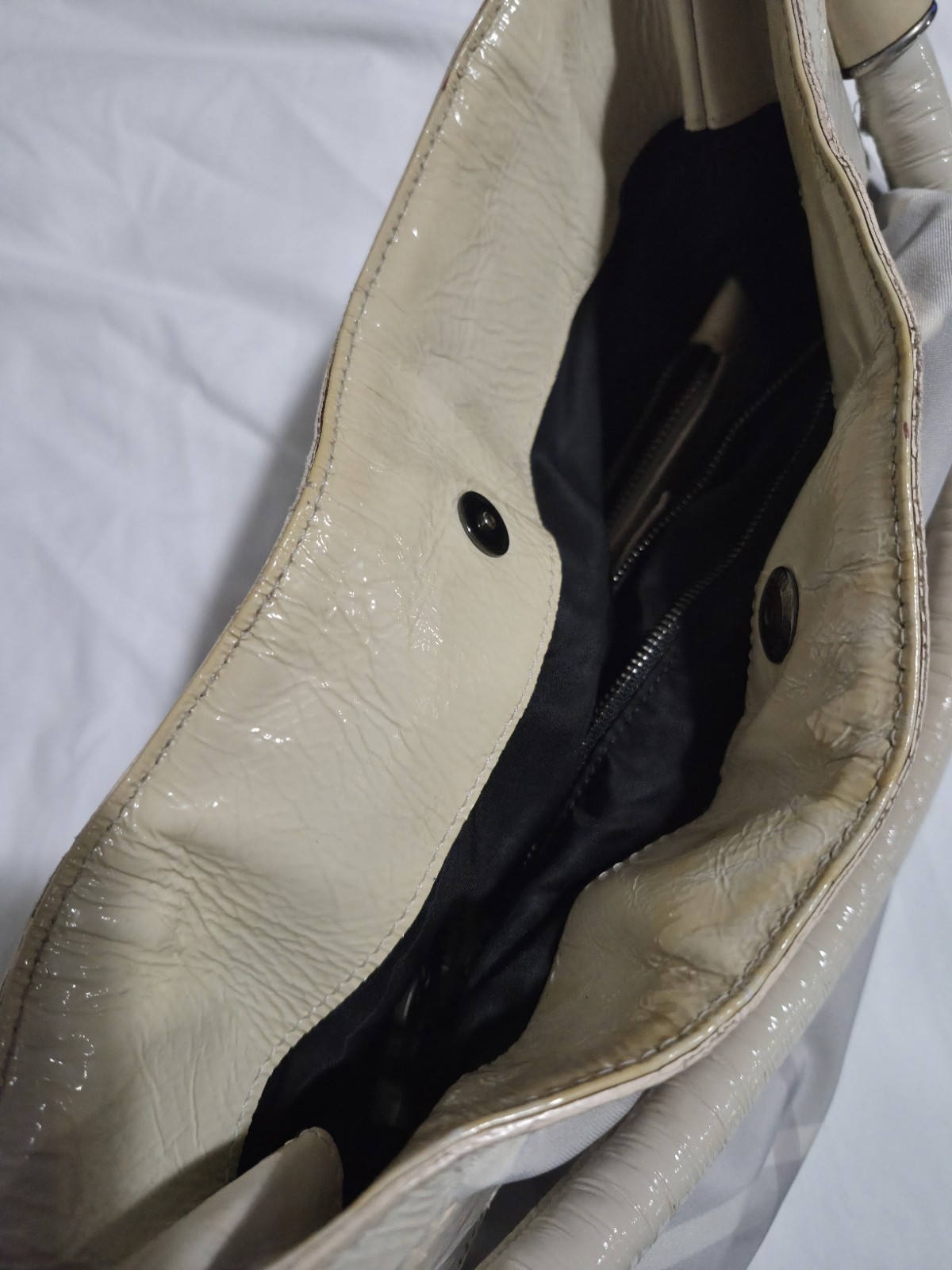 Burberry Checked Gray Nylon & Trimmed Smoke Patent Leather Shoulder Hobo Bag