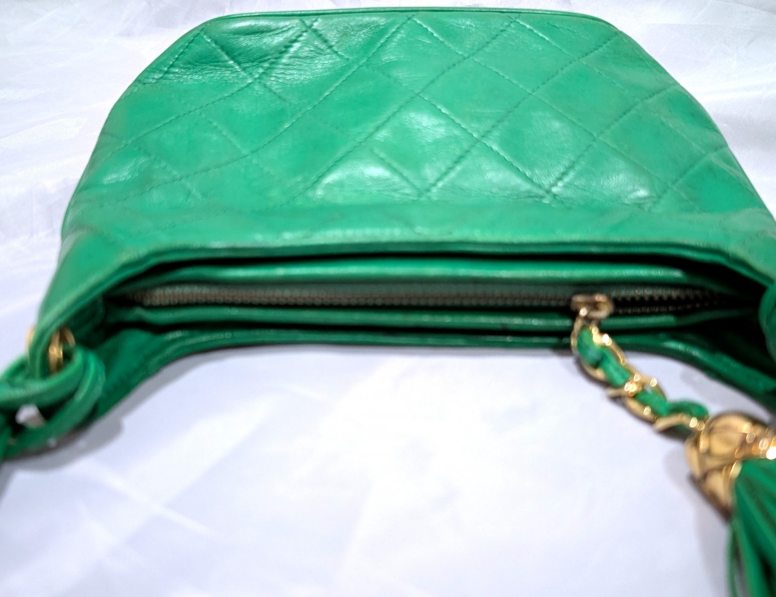 CHANEL CC Logo Fringe Charm Mini Shoulder Bag Lamb Leather Green VTG JPN
