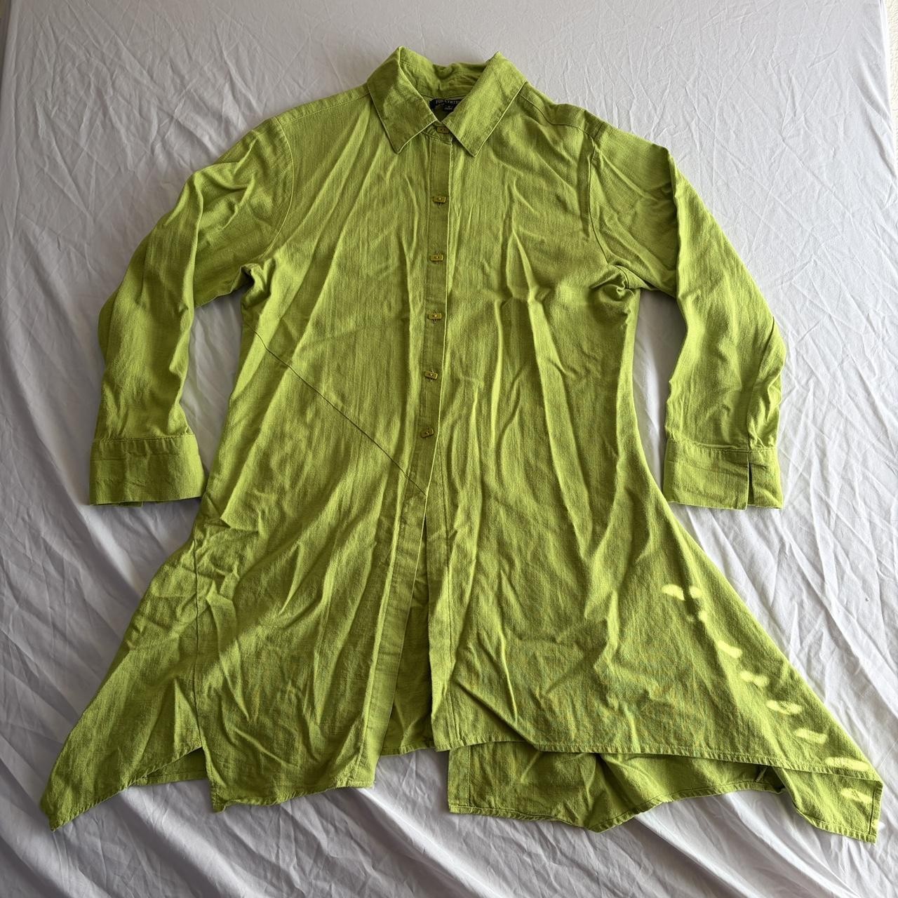 Vintage Funky Tunic Linen Blend Chartreuse Asymmetrical Hem Rectangular Buttons