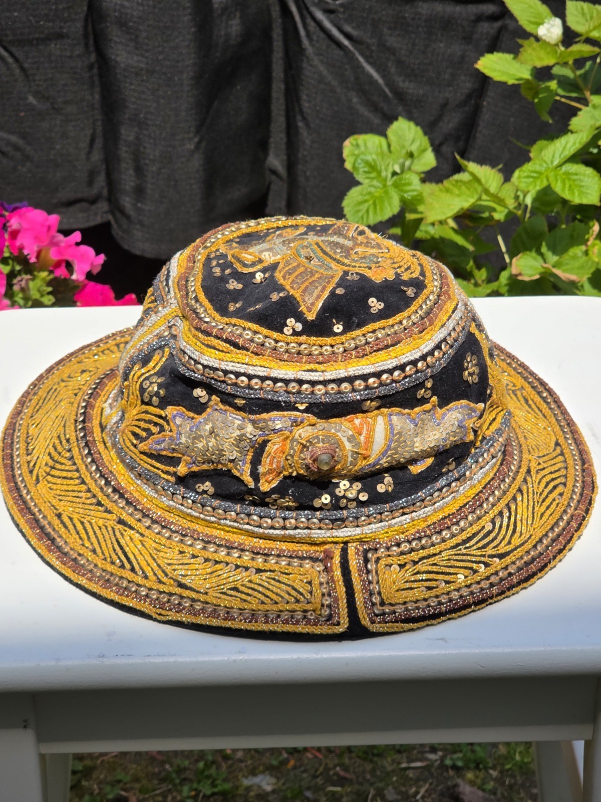 Vintage Myanmar Burmese Burma Kalaga Floppy Boho Hat Unicorn Sequins Embroidery