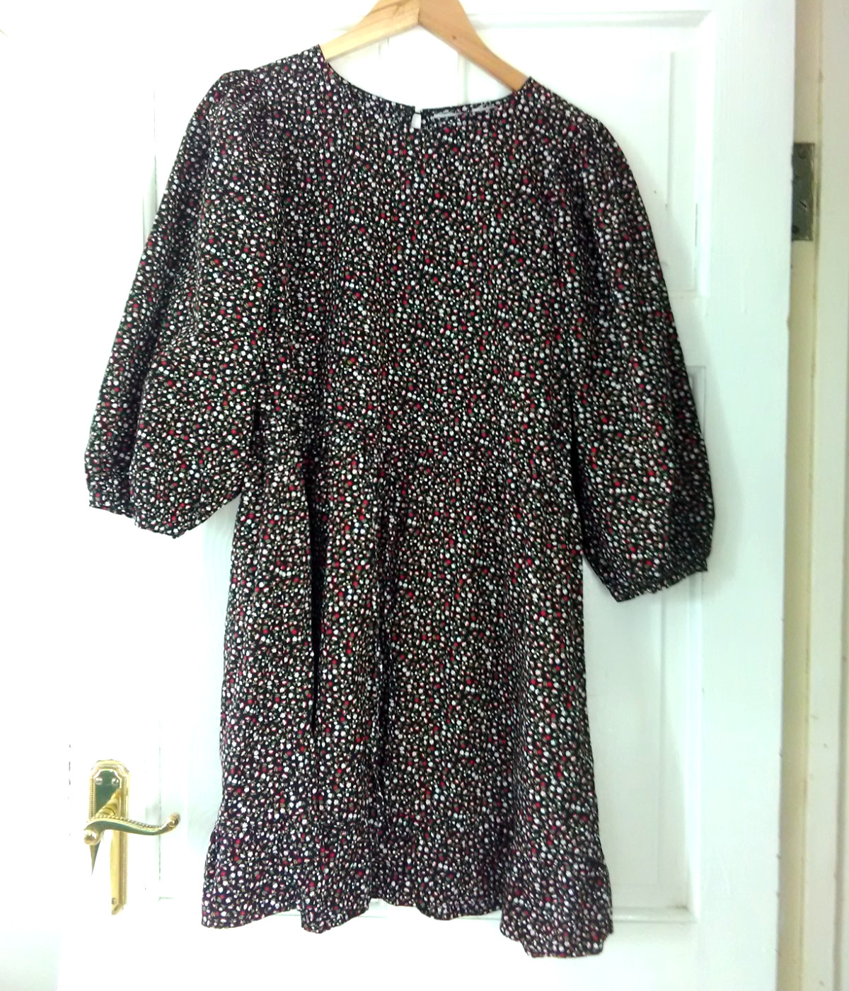 BLACK RED & WHITE COTTON MIX TIE-WAIST 3/4 LENGTH SLEEVE DRESS UK 14 LENGTH: 35″