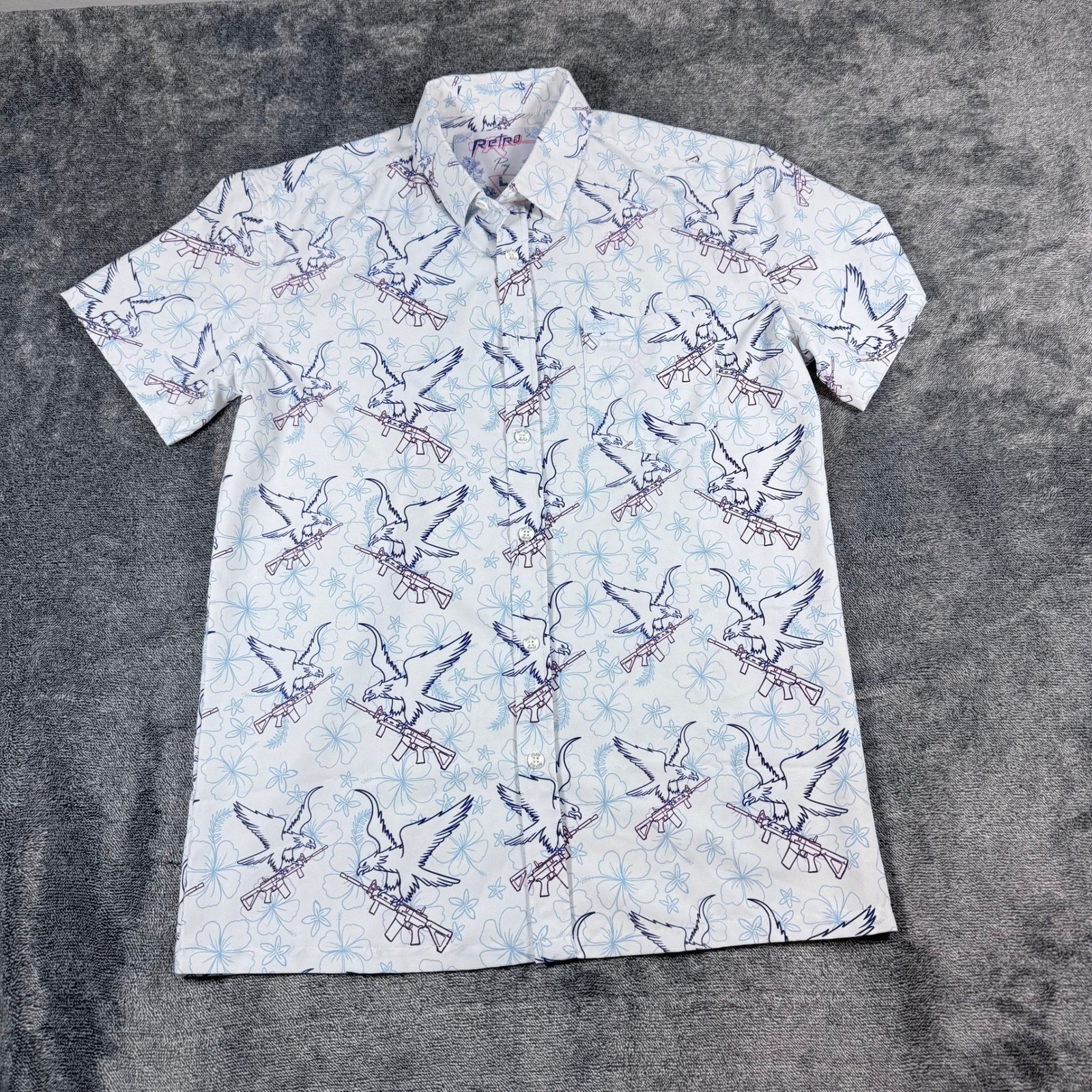 Retro Rifle Prey Mens Large White Eagle Rifle Floral Short Sleeve Button Up