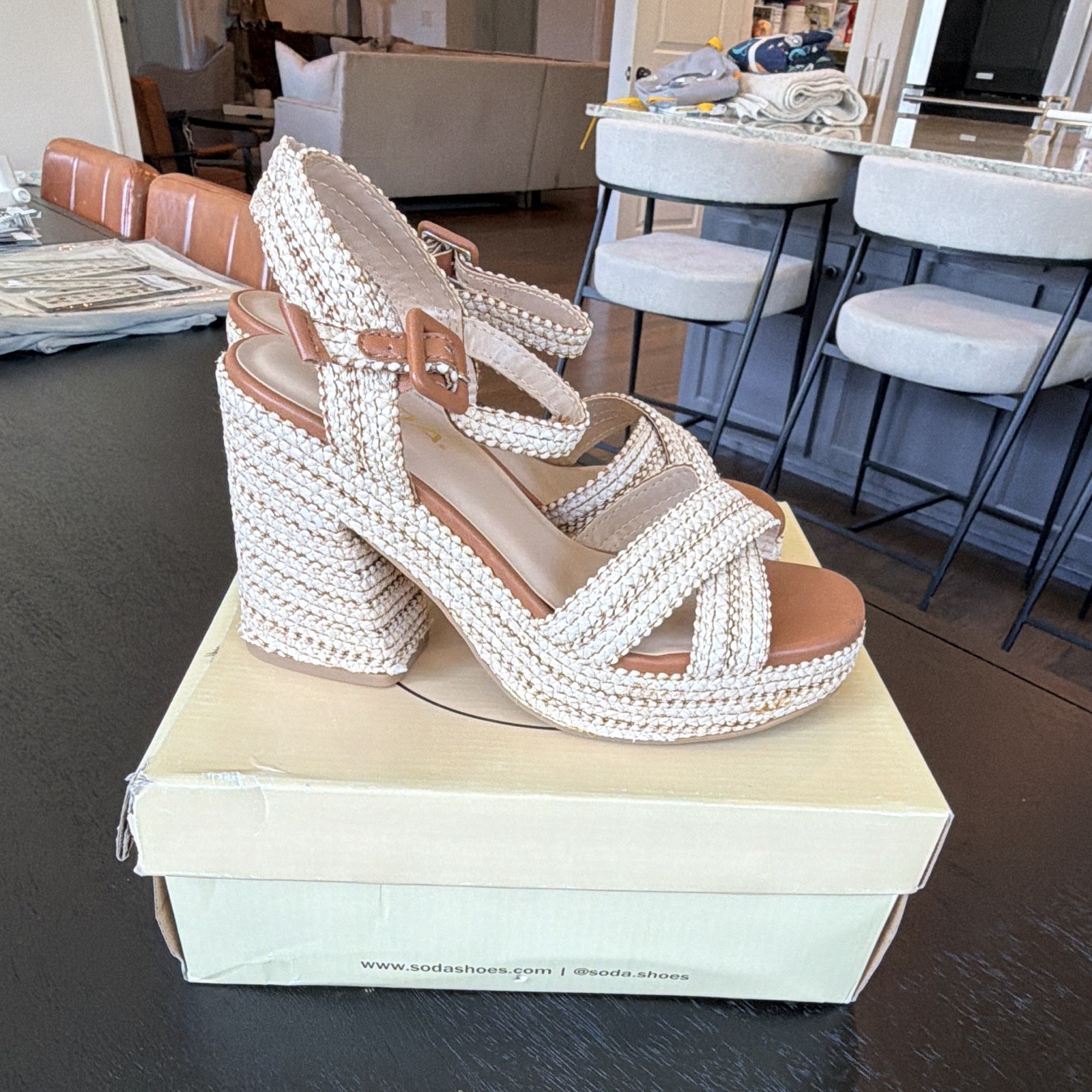 Soda Women’s Beige Braided Strappy Ankle Strap Block Heel Sandals Buckle 5.5
