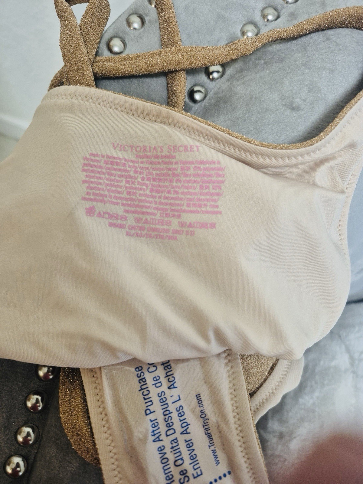 Victoria’s Secret Shimmer Bikini Set 32DDD Top XL Bottom Gold Nude NWT