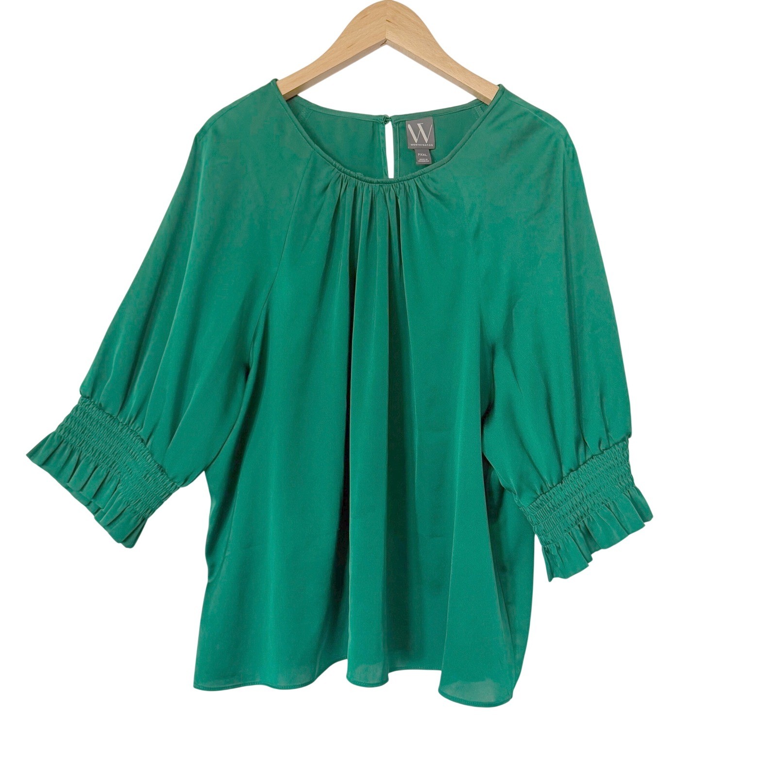 Worthington PXXL Green Blouse Smocked Cuff Ruffle Sleeve Career Elegant