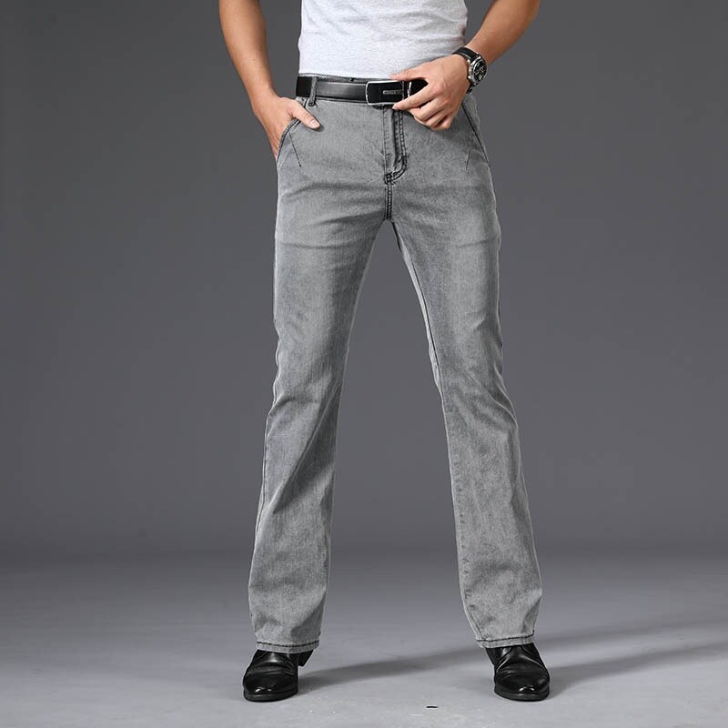 Men Bell Bottom Flared Denim Pants Jeans Soft Thin Trousers Drawstring Grey
