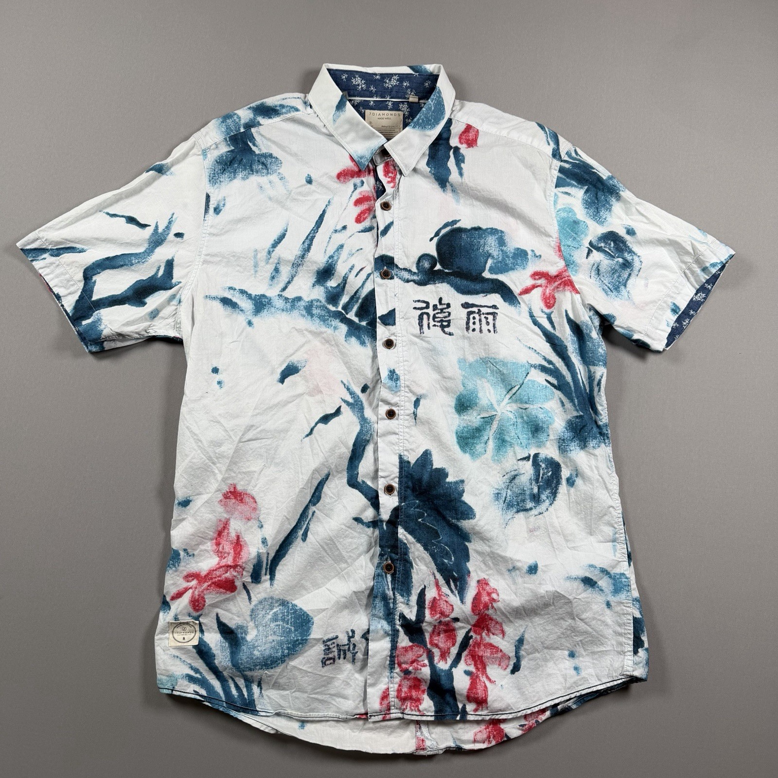 7 Diamonds Men’s Large Blue Hawaii Asian Short Sleeve Button Up Shirt