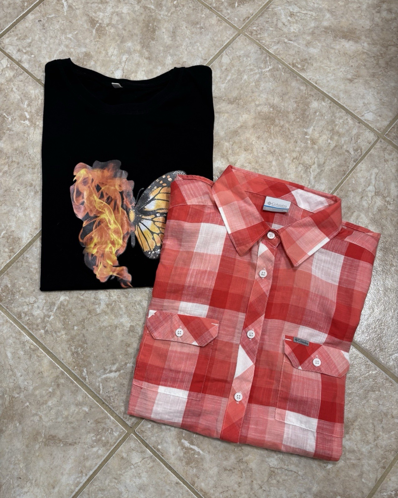 Columbia Plaid Button Up Shirt And Butterfly Tee 100% Cotton Women’s Size XL