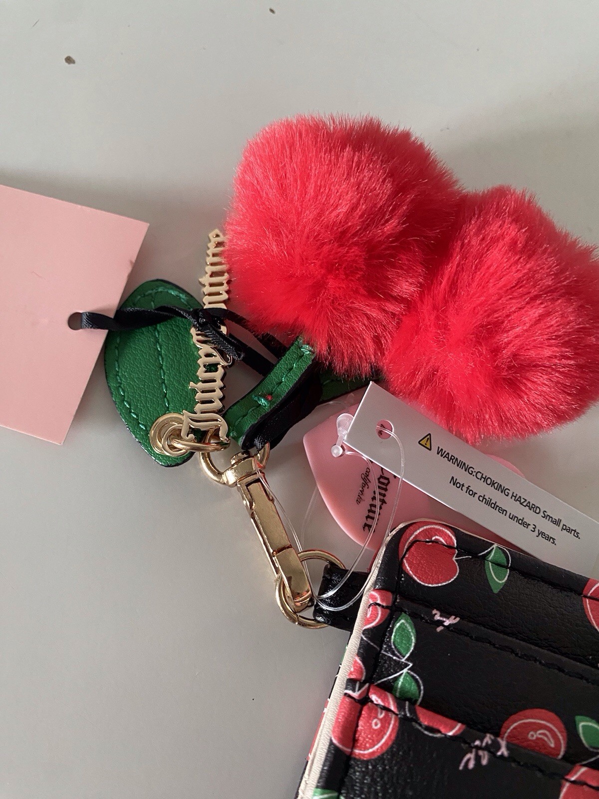 Juicy Couture Cherry Girl CC Wallet W/Back Window Black Red W/Charm Pom Pom NEW