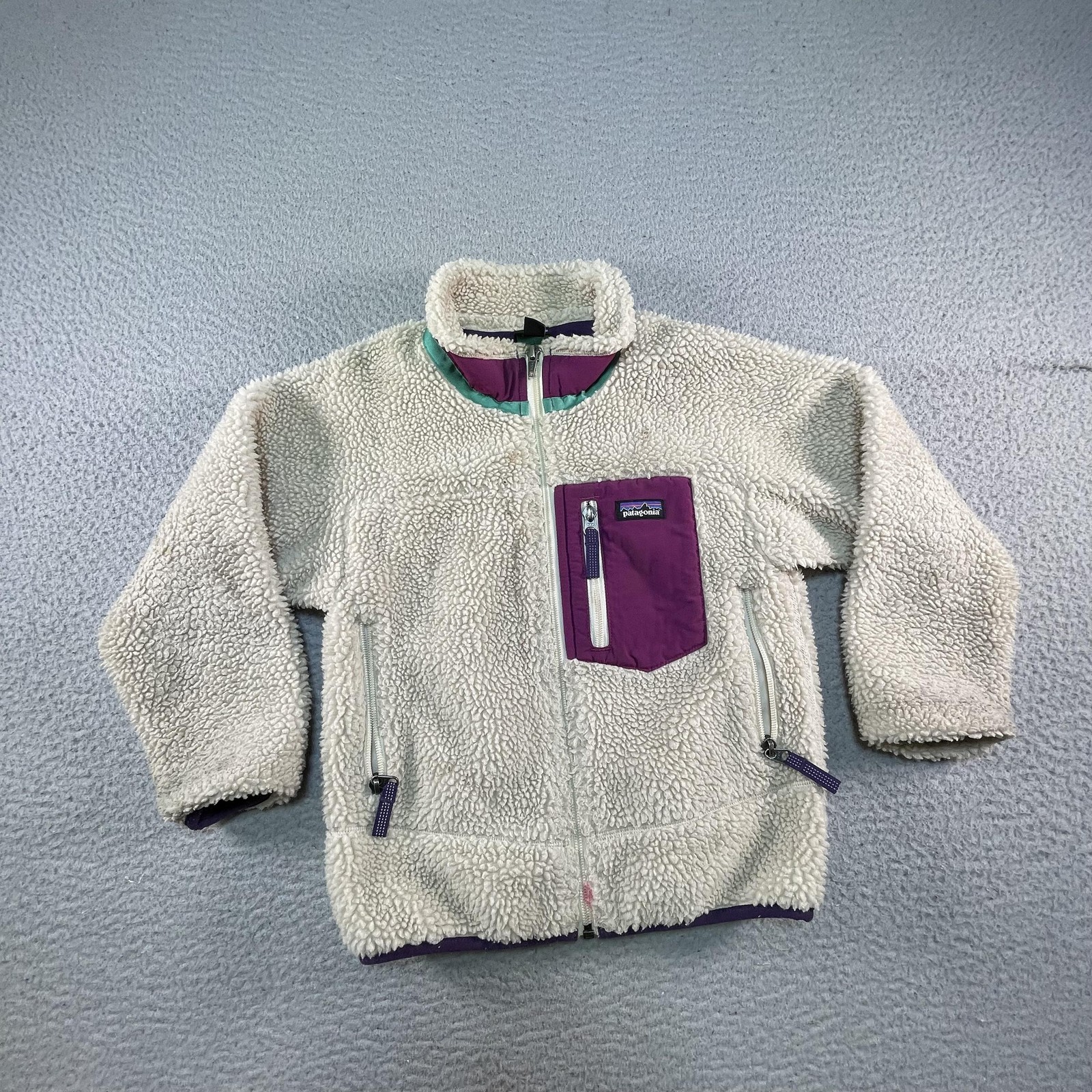 Patagonia Fleece Jacket Kids XS 5-6 White Full Zip Sherpa Hiking Deep Pile Camp