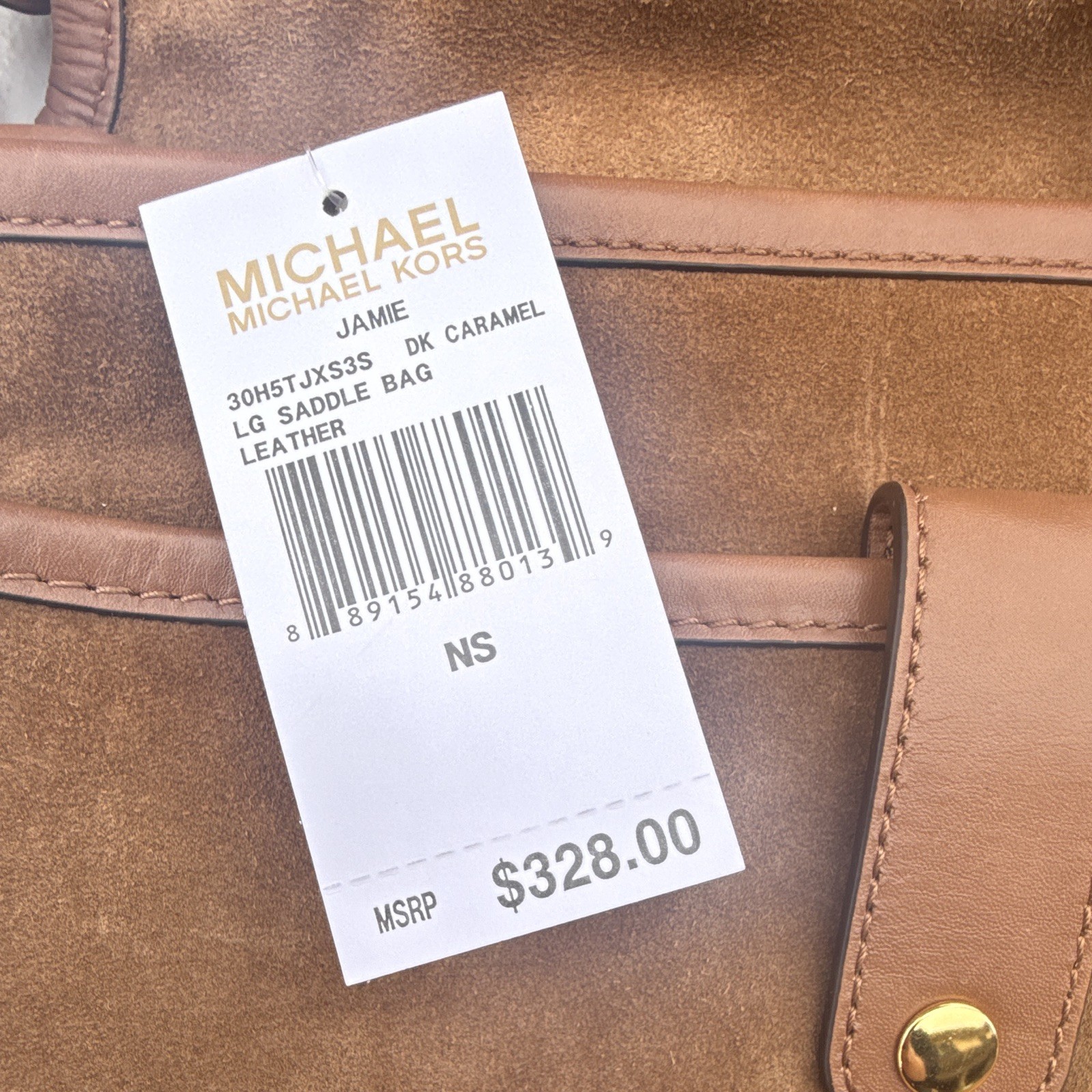 Michael Kors Jamie Caramel Large Leather Saddle Crossbody Bag Gold Snap Closure