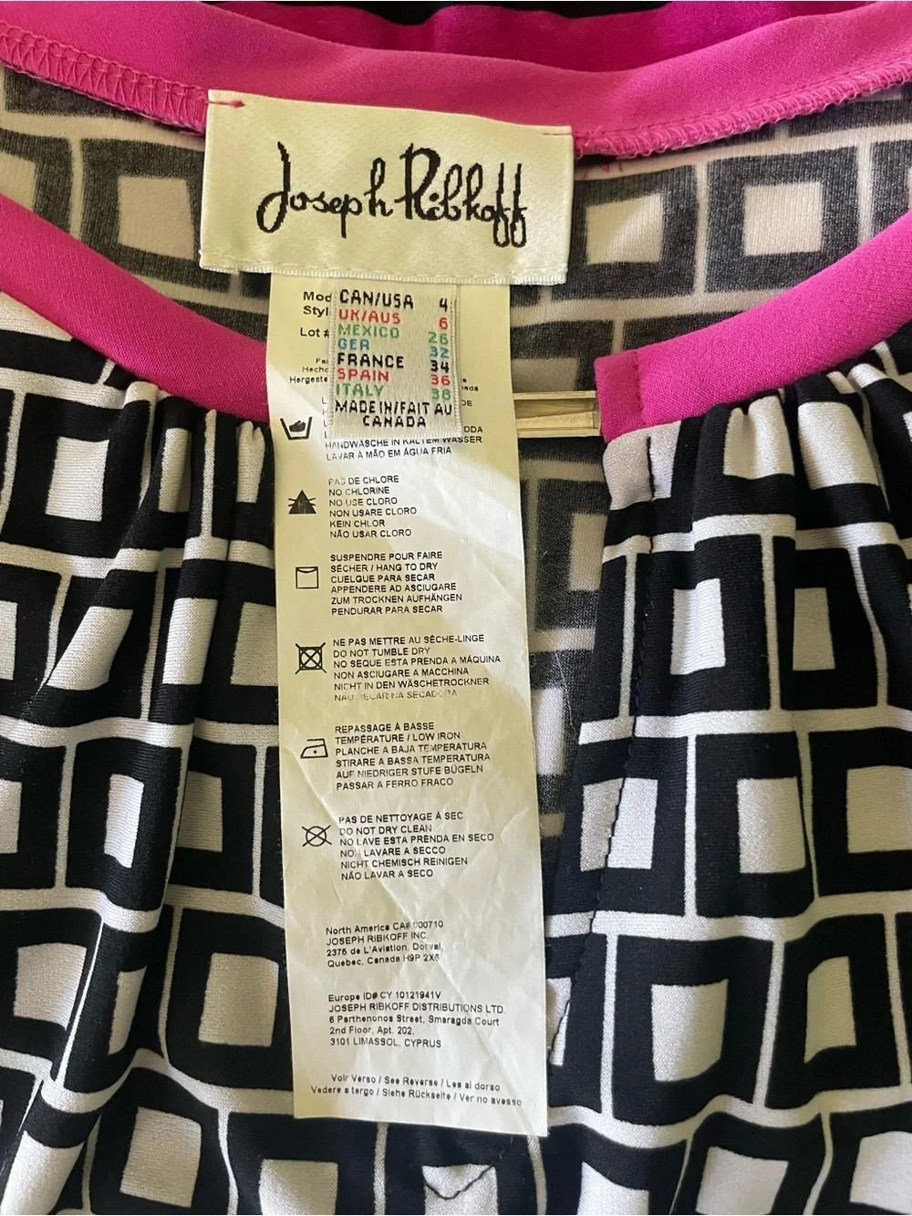 Joseph Ribkoff Black Pink White Geometric Tunic Size 4 Style 161769 Roll Tab Y2k
