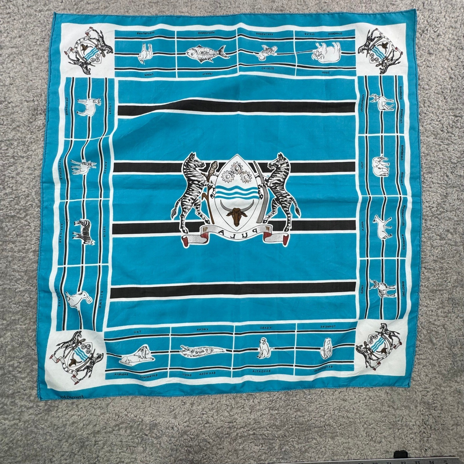 Tswanatex Botswana Coat of Arms African Wildlife Square Scarf Turquoise 30×30