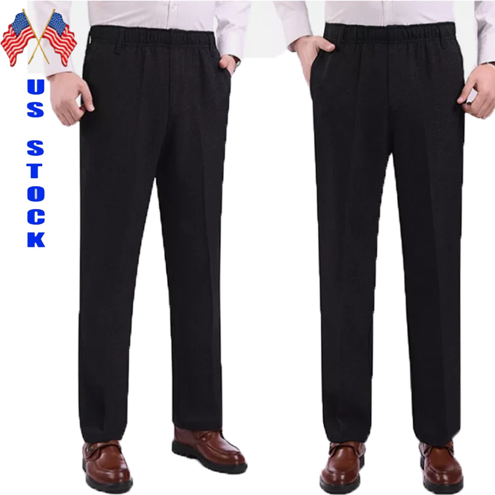 Men’s Elastic Waist Straight Leg Pant Casual Formal Trousers for Middle-Aged Men