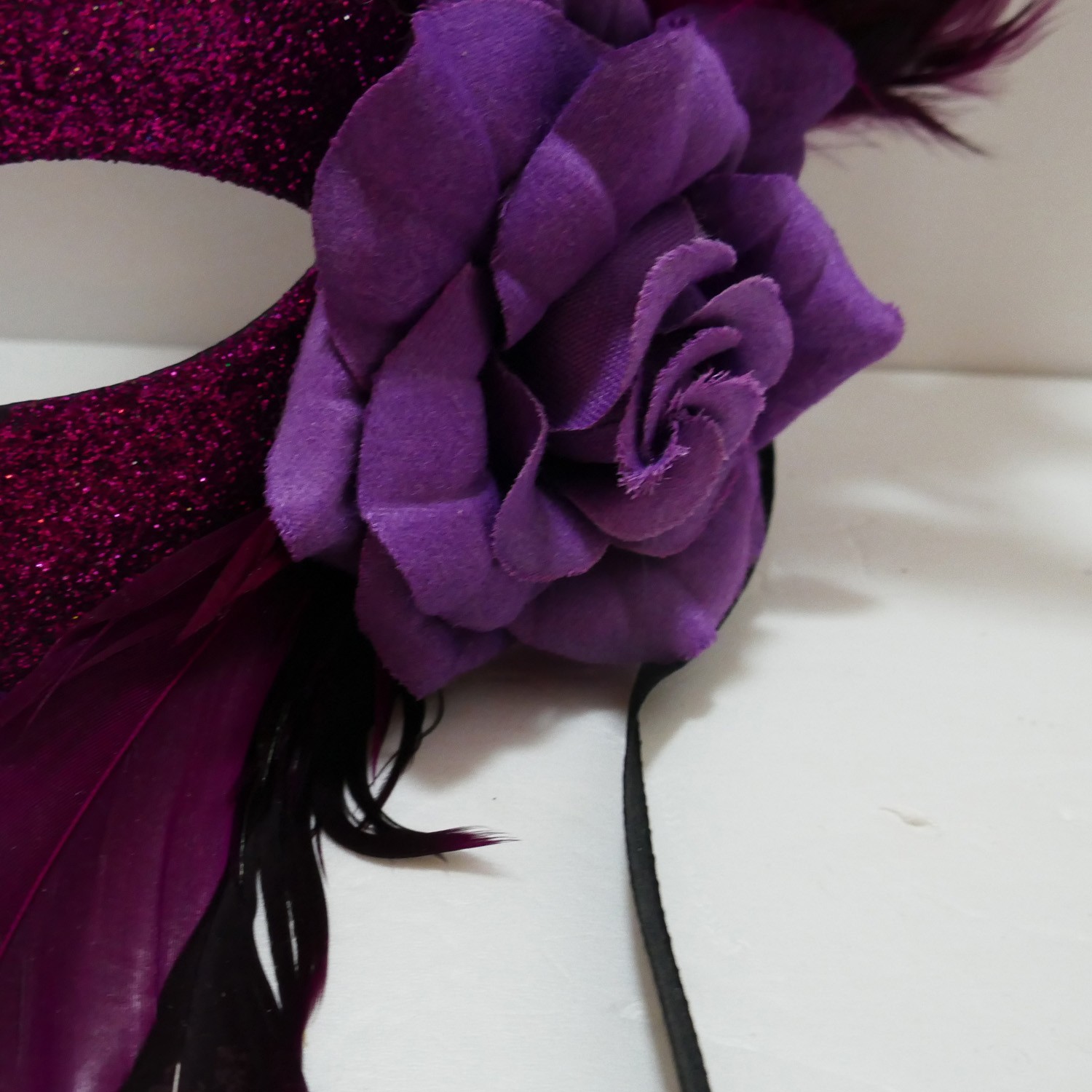 Venetian Adult Eye Mask with Feather Accents & Ribbon Ties Purple glitter rose