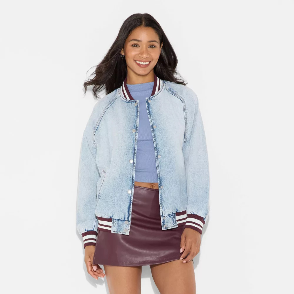 Women Denim Varsity Jacket – Wild Fable Medium Wash L