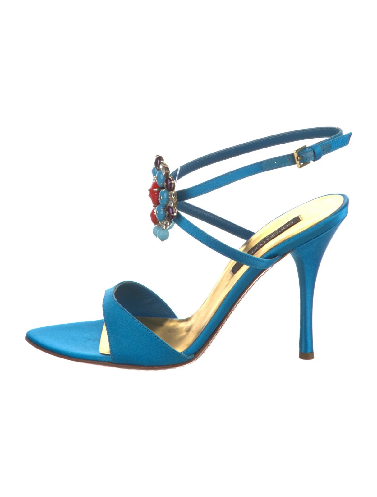 SERGIO ROSSI Blue Satin Crystal Jewelry Sandals SZ 7 IT 37 Very Good Condition