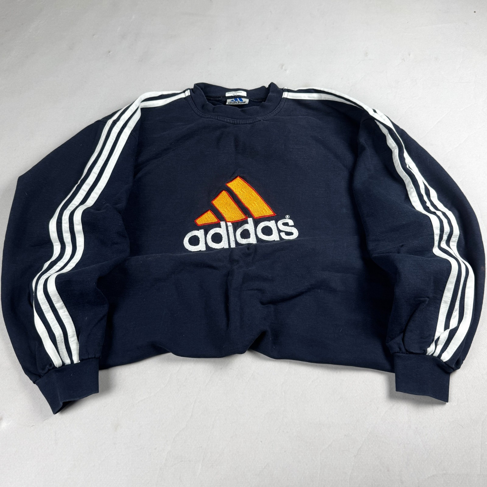 Mens Vintage Adidas Big Logo Three Stripe Crewneck Sweatshirt Navy Orange Sports