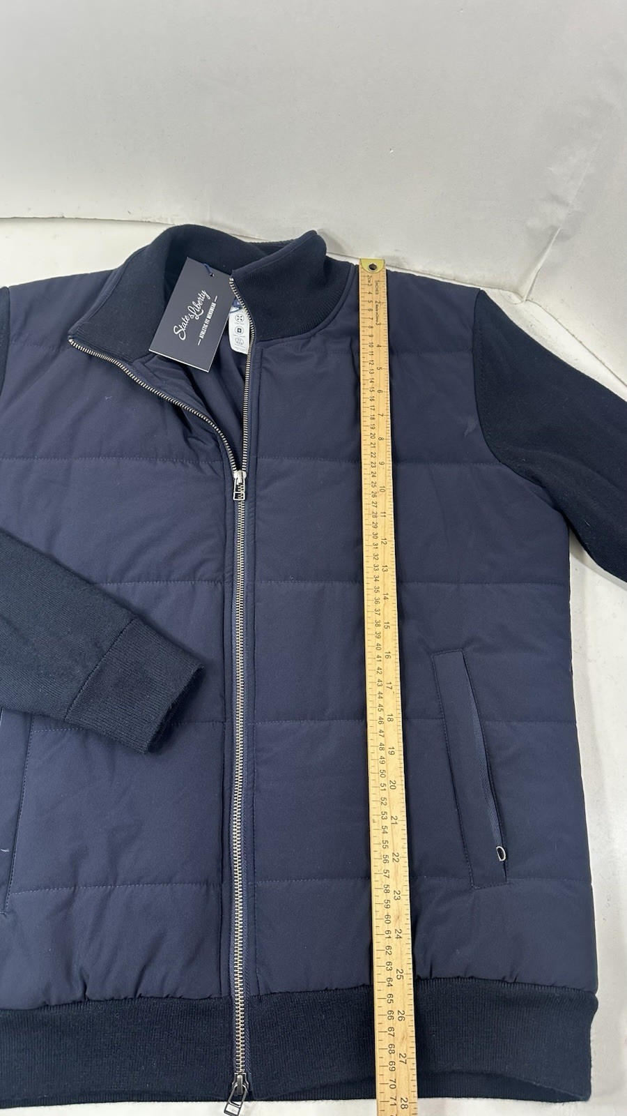 State & Liberty Jacket Size L Blue Navy Hybrid Athletic Merino Wool Sleeves NWT