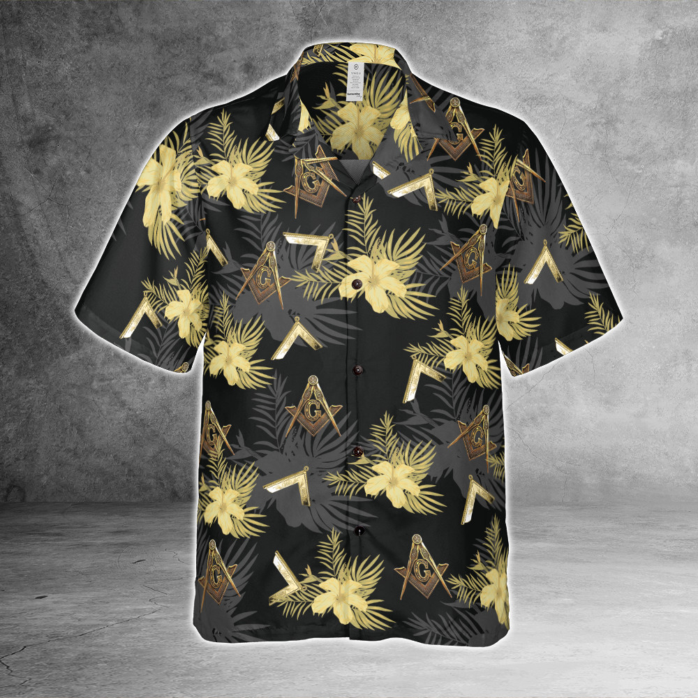Golden Masonic Square Compass White Hibicus Royalty 3D Hawaiian Shirt Size S-5XL