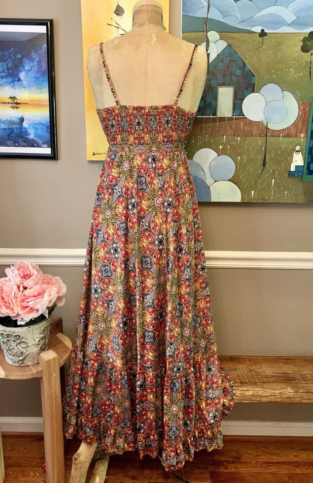 Boho Patchwork Maxi Dress Earth Tone Ruffle Festival Medium Soft Fabric