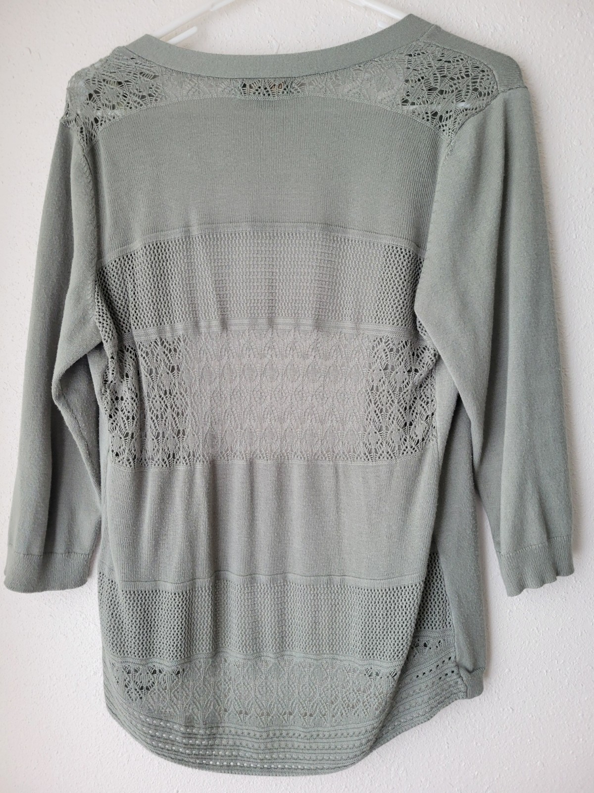 Lety & Me Open Front Lace Cardigan Sage Green Lace Knit 3/4 Sleeve Womens Small