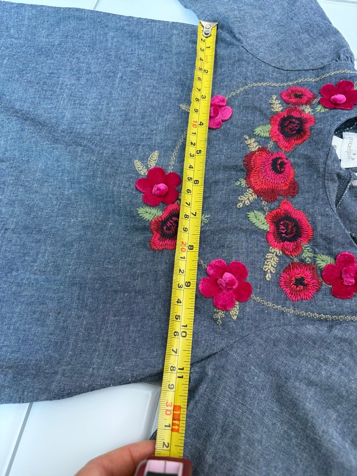 Mud Pie Girls Floral Embroidered Chambray Dress 5T Blue Cotton Long Sleeve Tunic